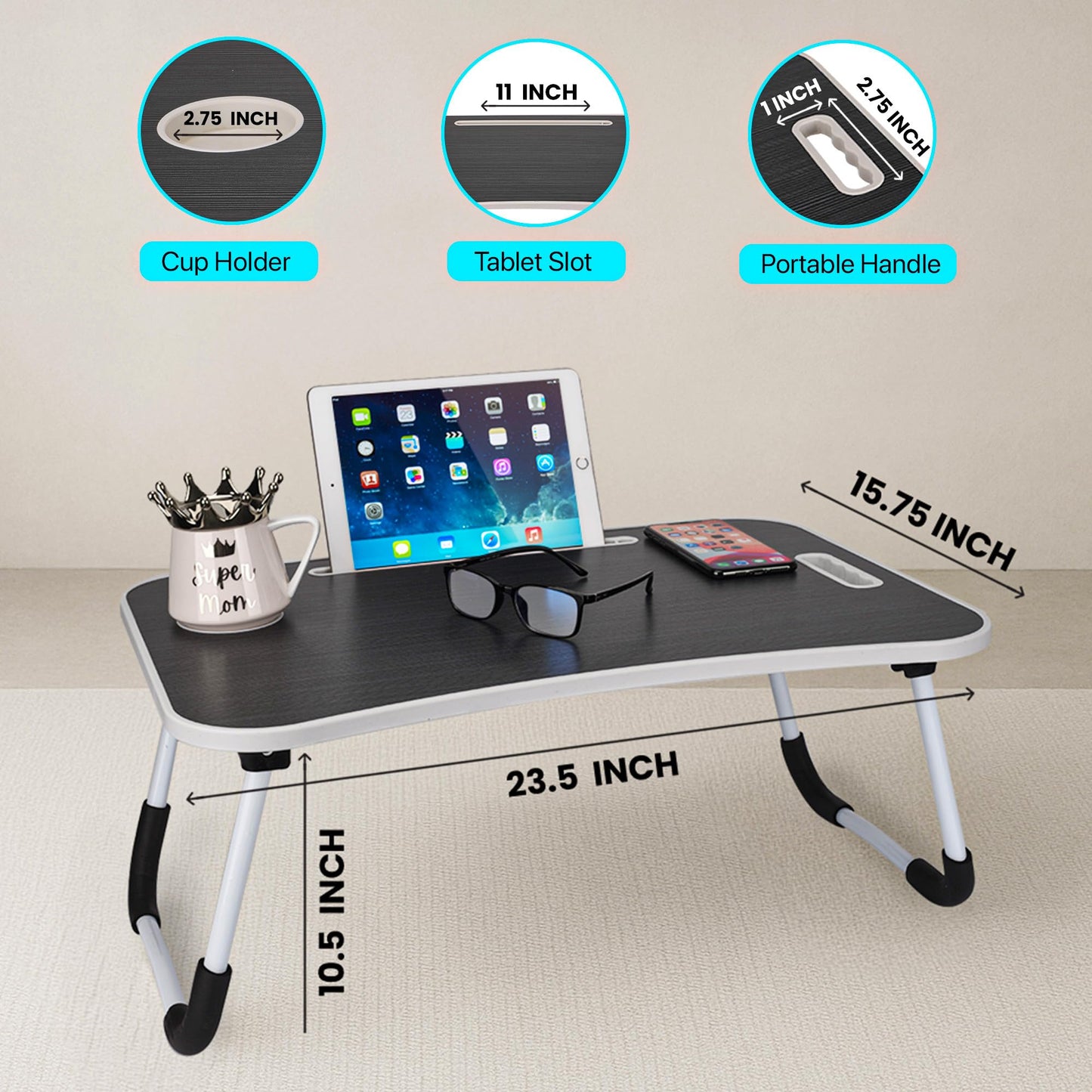 MAVOCRAFT Laptop Desk for Bed - Lap Desk for Sofa & Bed Desk - 23 x 15 Lap Tables for Adults & Kids - Suitable Tablet and Laptop Stand for Bed - Include iPad Slot and Cup Holder (Dark Grey)