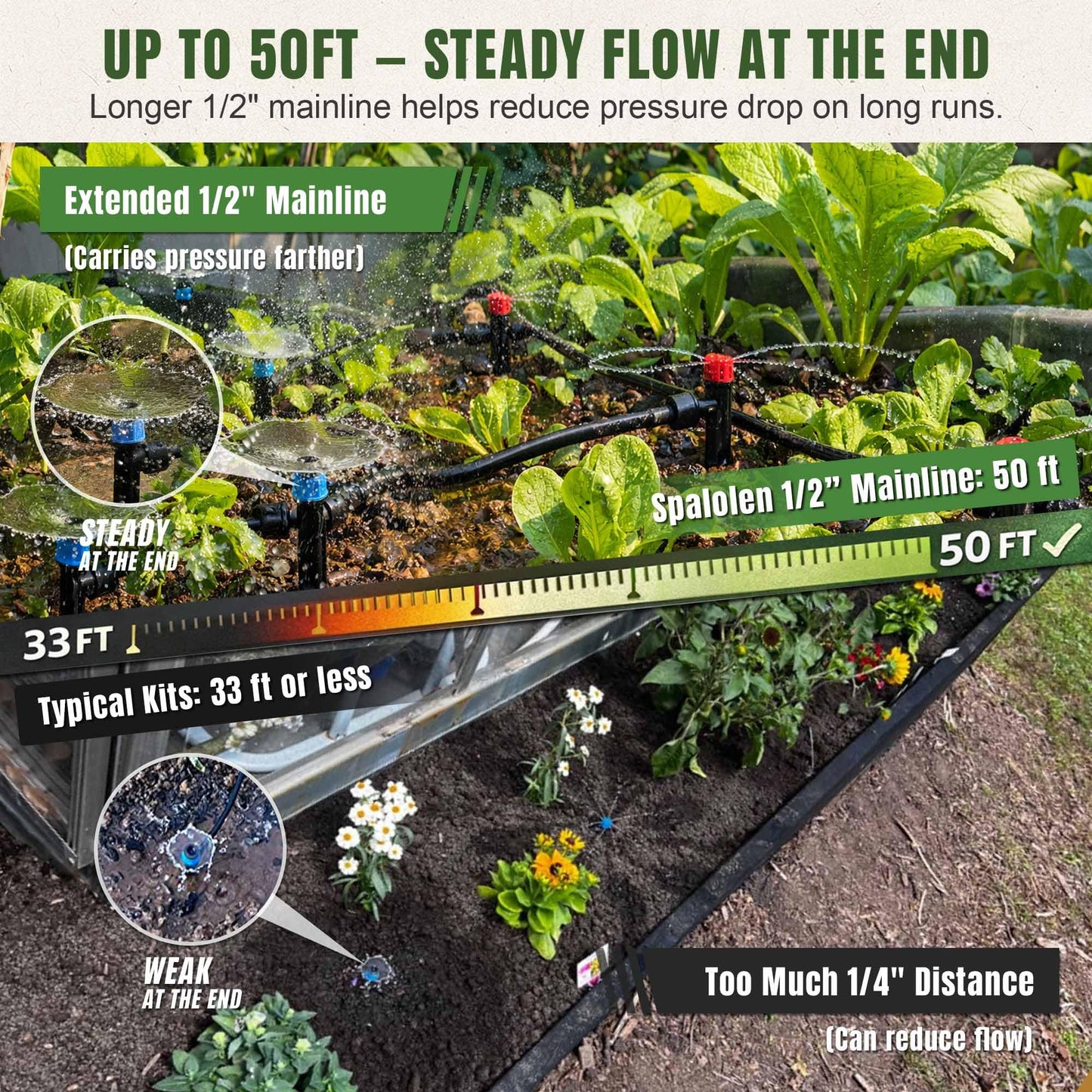 Push-to-Connect Drip Irrigation System Kit, Complete Premium Garden Watering System with 50FT 1/2" Mainline, Leak-Resistant Quick Connect Fittings, Adjustable Drip Emitters for Raised Beds, Greenhouse