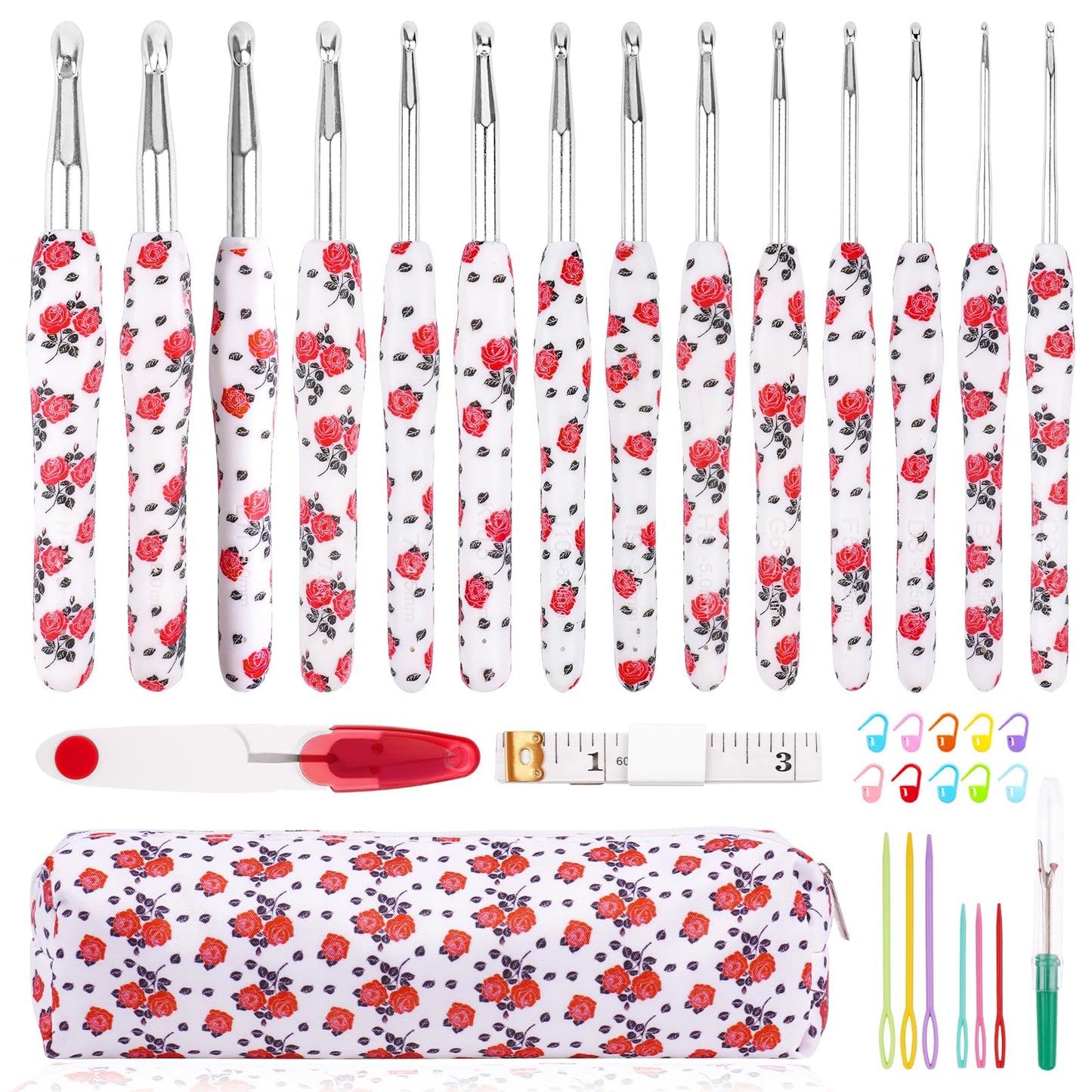 Weabetfu Crochet Hook Set 14Pcs Hand-Rubber Crochet Needles 2.25mm(B)-10mm(N) Streamline Crochet Hooks for Arthritic Hands Rose Metal Knitting Needles with Storage Case