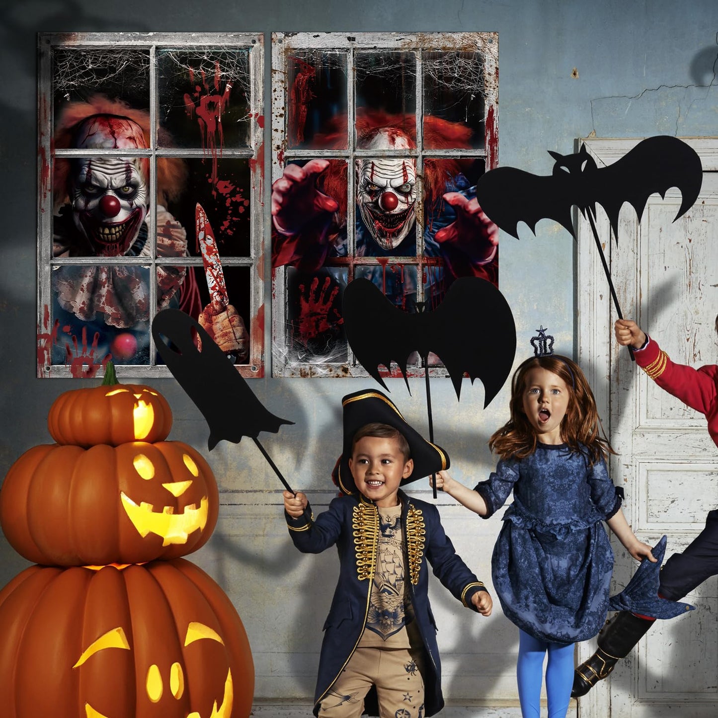 Hxezoc 2 Pack Halloween Window Decorations Scary Spooky Clown Window Backdrop Poster for Halloween Window Door Wall Cover Decoration Supplies