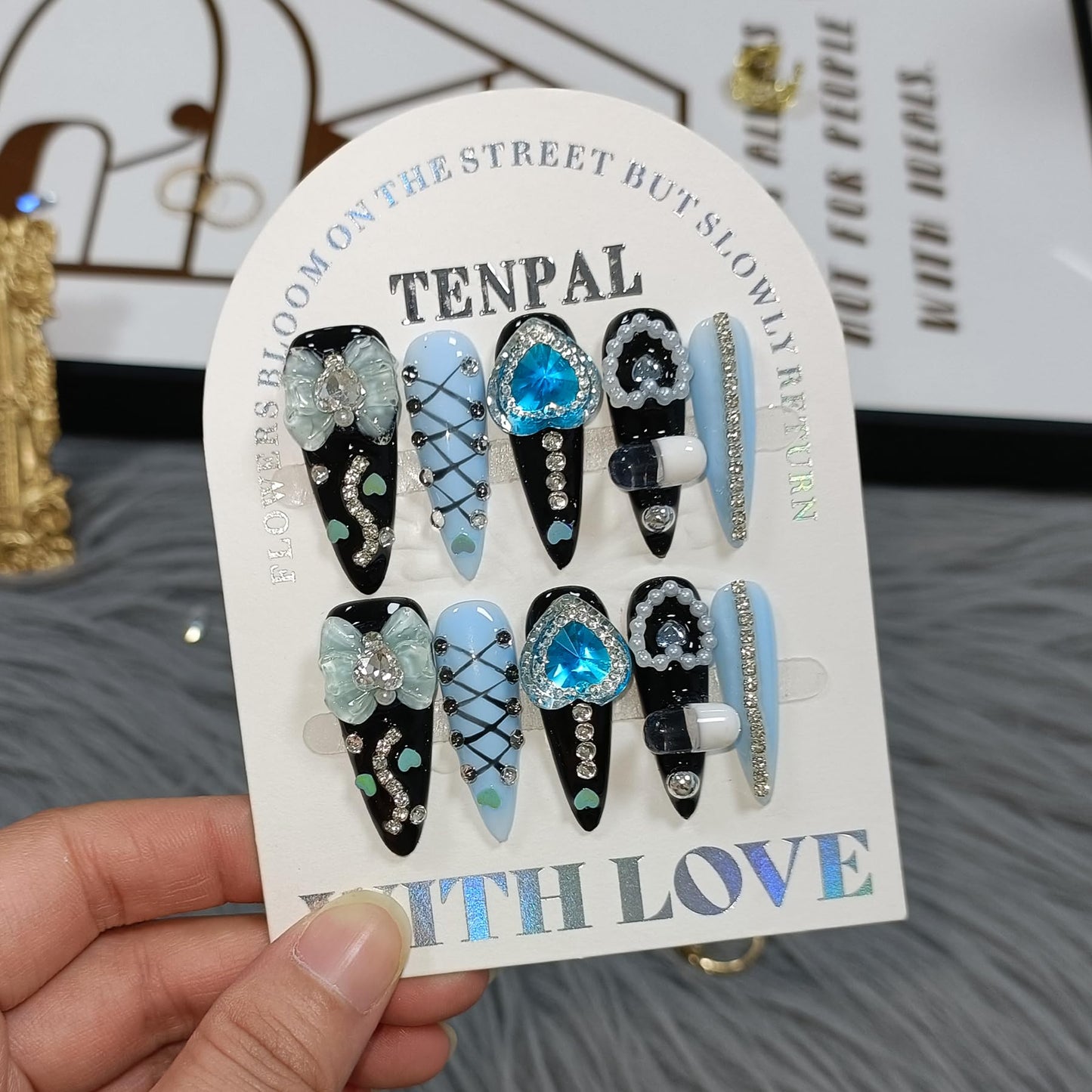 TENPAL 10Pcs Y2K Gothic Press On Nails With Tools,Blue 3D Capsule Pearl Bow & Chain Charms Designs Fake Nails,Long Stiletto Handmade False Nails,Reusable Acrylic Glue on Nails for Party Halloween(S)