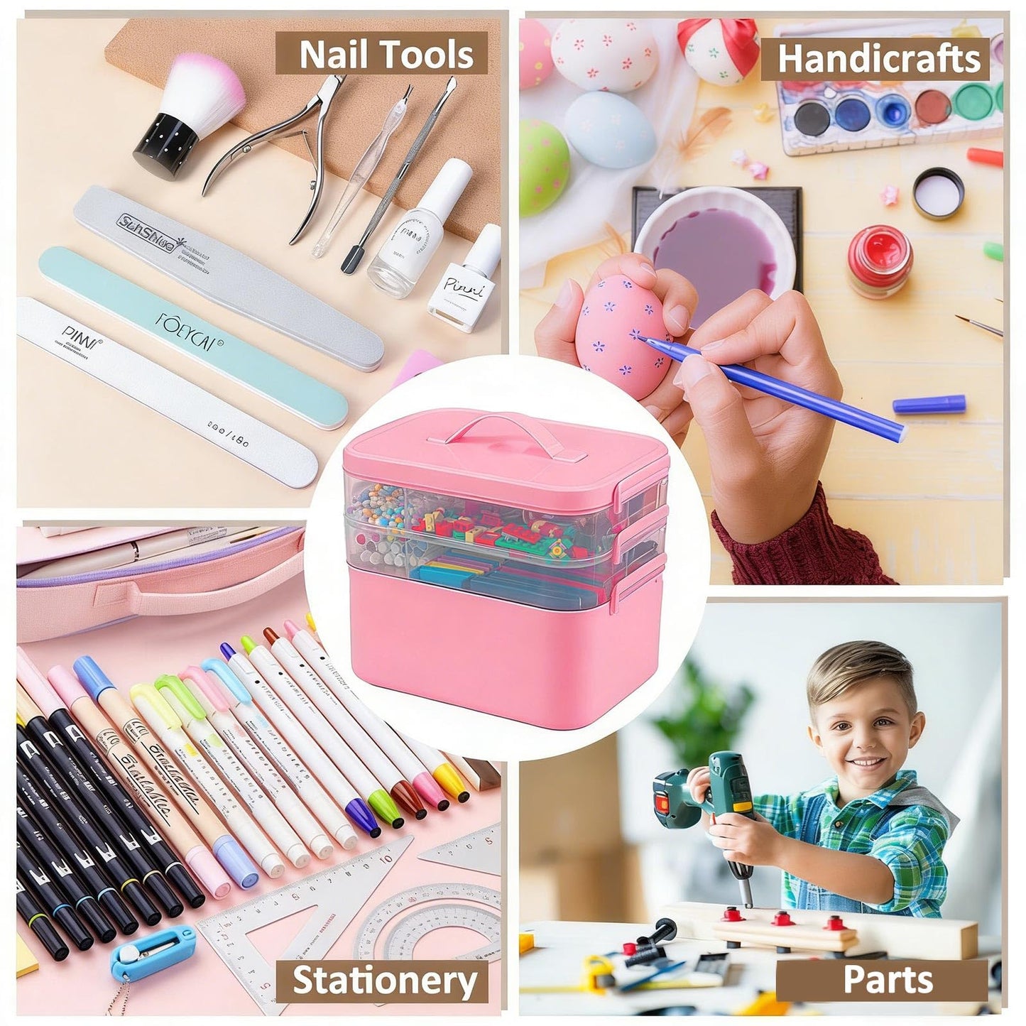 Gifhomfix 3-Layer Plastic Craft Organizers and Storage Box with Removable Trays, Storage Containers with lids and Handle, Art Supply Storage Organizer for Bead, Ornament, Nail Polish, Tape（Pink）