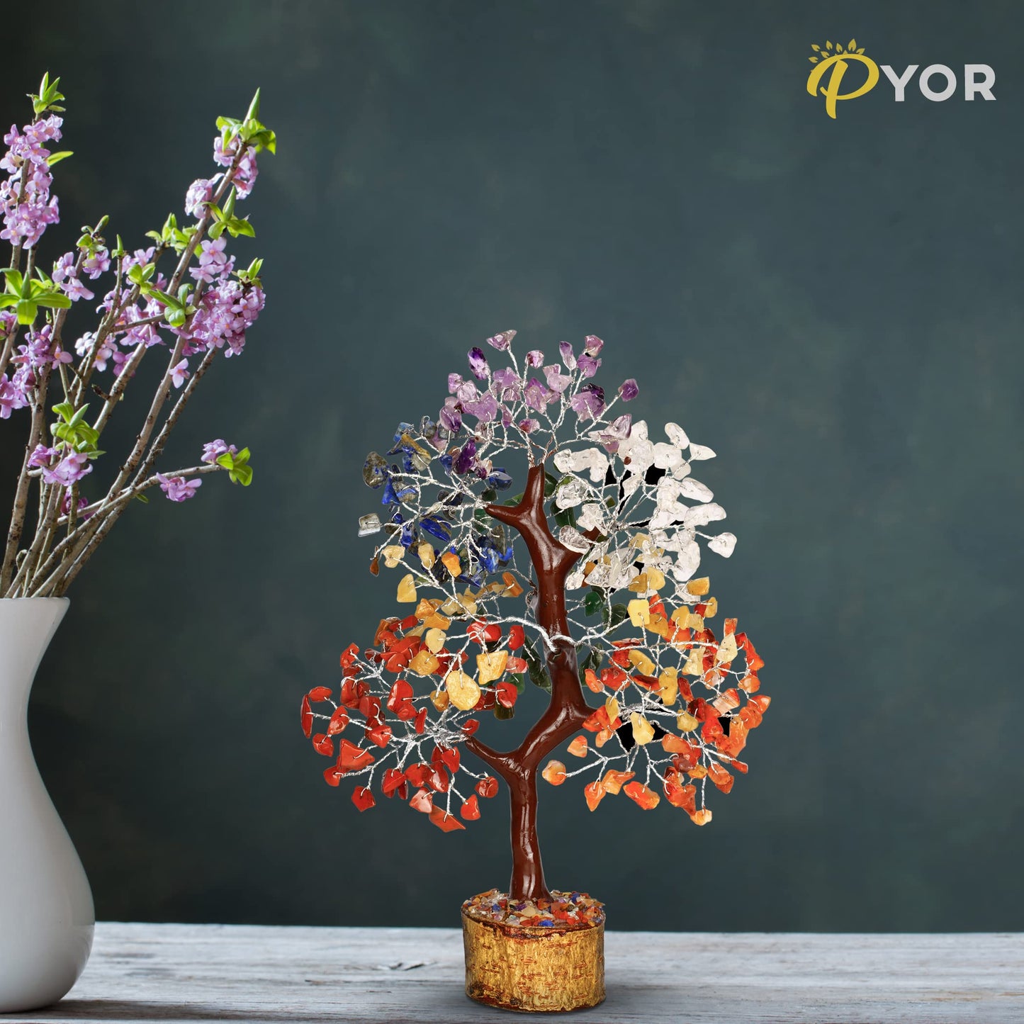PYOR 7 Chakra Crystal Bonsai Tree, 10-12 inch, Red, Amethyst, Lapis, Carnelian, Clear Quartz, Yellow Aventurine, Green Aventurine, Silver Wire