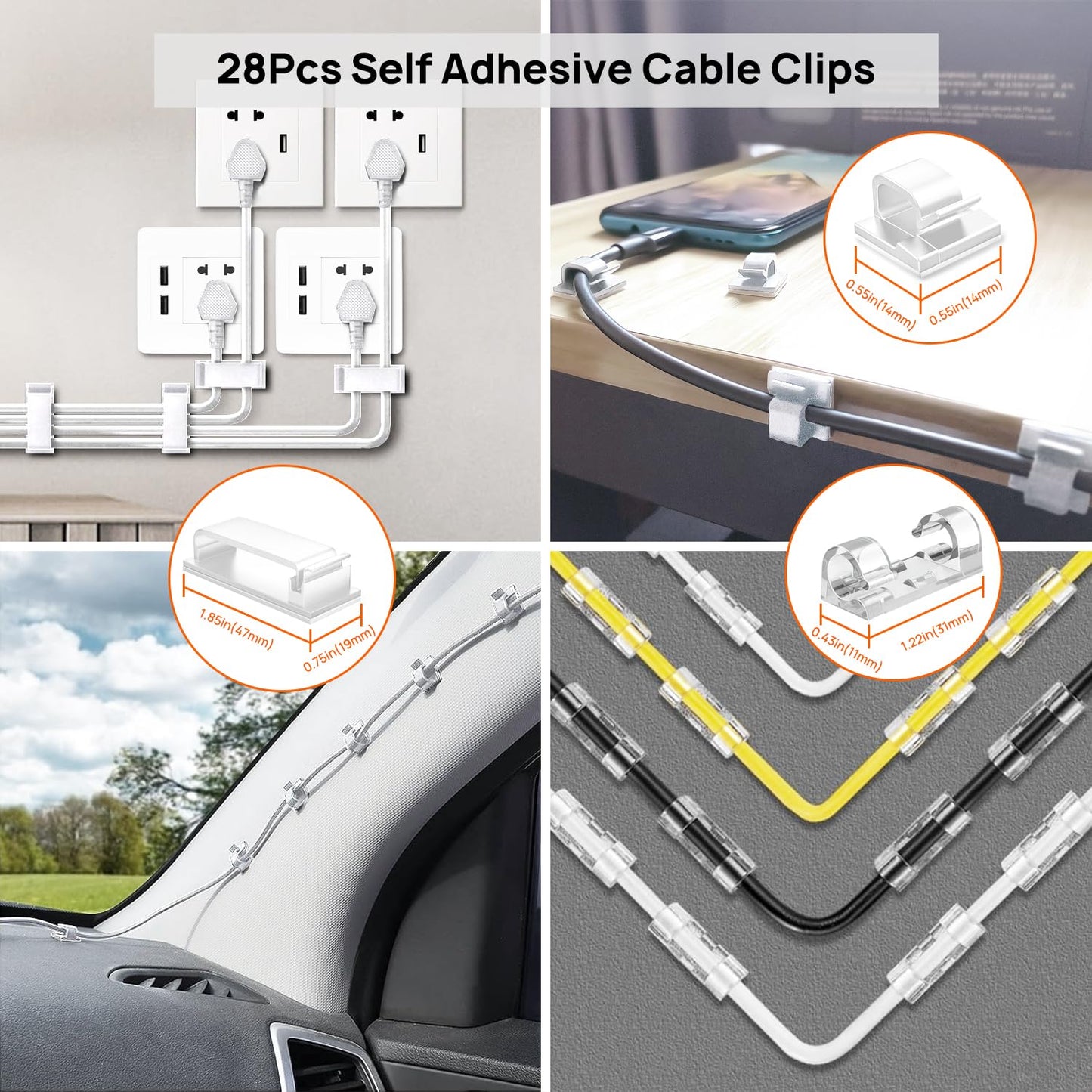 Ditar Cable Management Kit - 4 Cable Sleeve, 28 Self Adhesive Cable Clips, 29 Cord Holders, 10+2 Roll Cable Organizer Straps and 100 Fastening Cable Ties for TV Computer Under Desk (White)