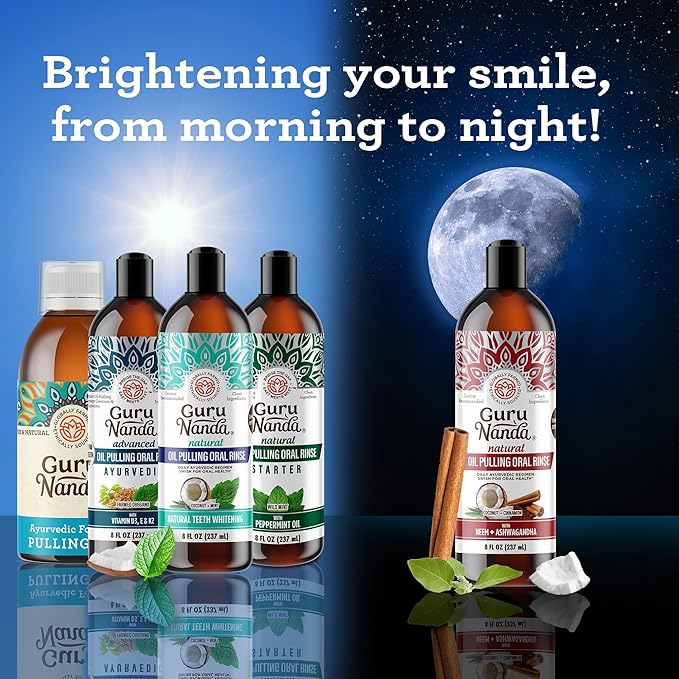 GuruNanda Starter Pulling Oil Mouthwash for Natural Teeth Whitening, Coconut and Peppermint Oil for Fresh Breath & Happy Gums, with Toothbrush & Tongue Scraper, Alcohol-Free, 8 Oz