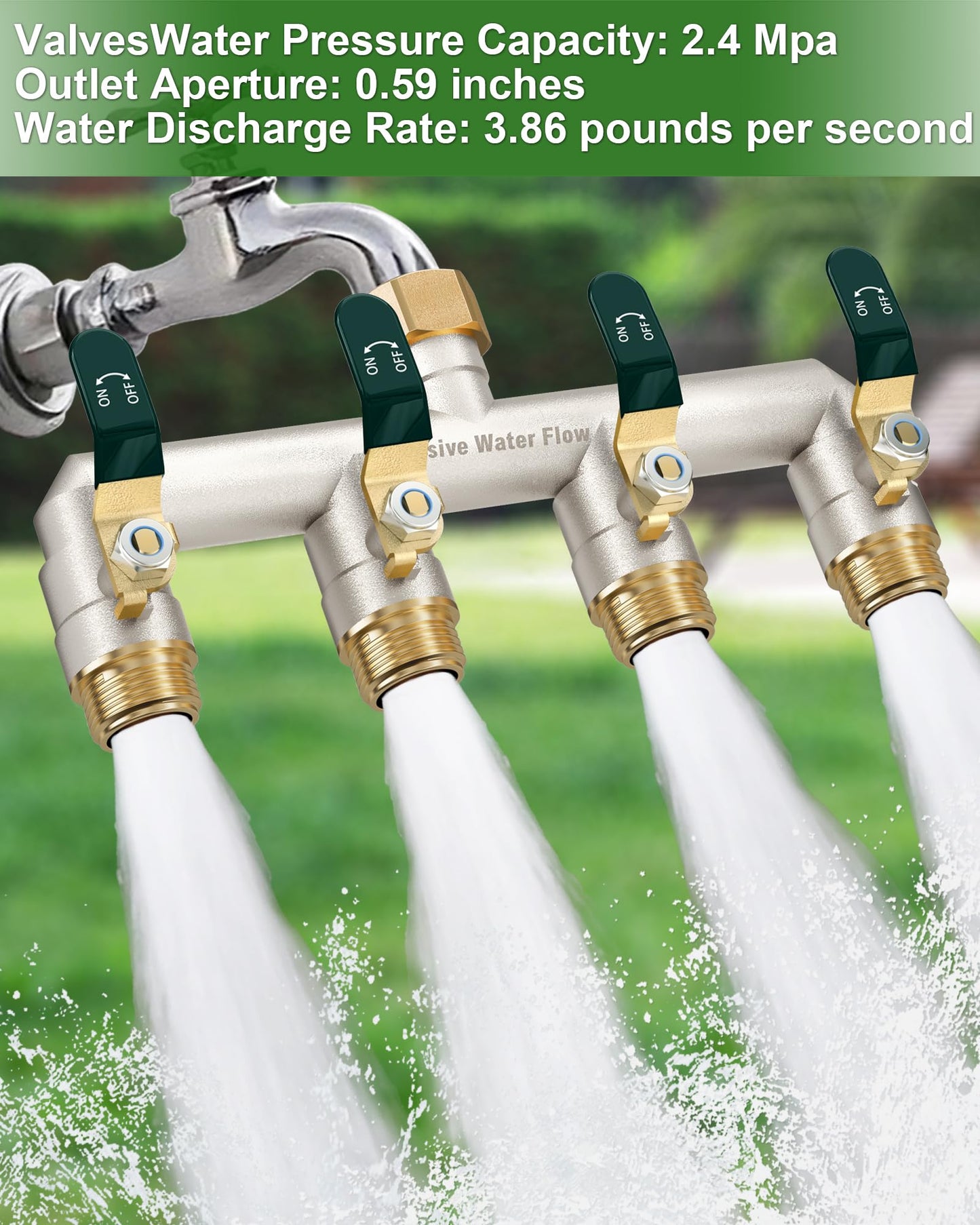 4 Way Hose Splitter, Heavy Duty Full Flow Garden Hose Splitter with 4 Large Metal Handles, Brass Water Hose Bib Splitter, T Adapter Connector with 3/4 - Inch GHT Thread (Green)