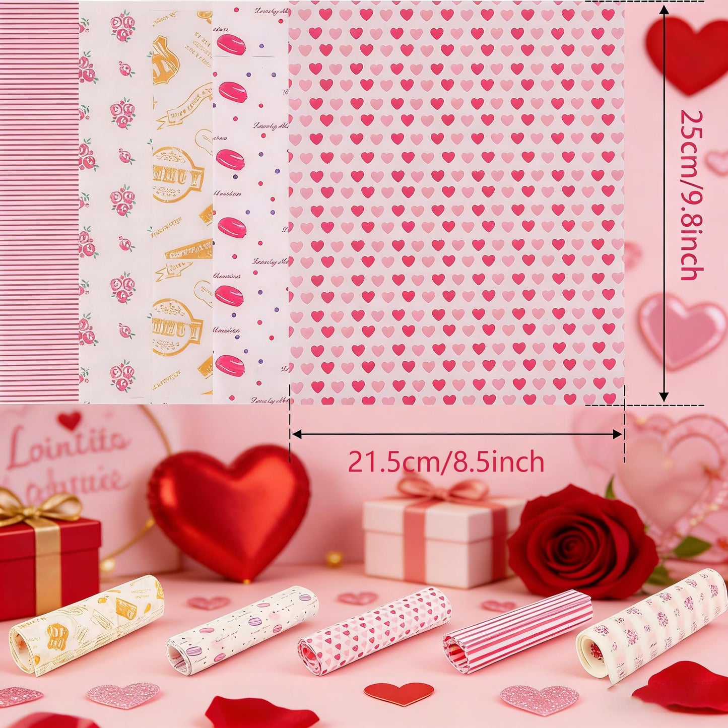5 Boxes 250 Sheets Wax Paper Sheets Heart & Rose & Line Pattern Greaseproof Basket Liners Sandwich Burger Chips Cookies Food Grade Deli Wrap Paper Baking Parchment 8.5 x 9.8 in