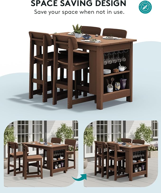 SERWALL 8-Piece HDPE Counter Height Dining Table Sets with Storage and Wine Rack, 2 Rectangular Bar Table with Bar Stools Set of 6 for Garden, Backyard, Kitchen, Brown