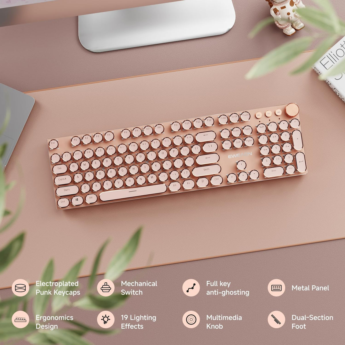 EWEADN Typewriter Style Mechanical Gaming Keyboard, Wired Mechanical Keyboards,104 Keys Backlit LED Keyboards, Media Control Knob, Wired Computer Keyboard Pink Switch for Windows/Mac/PC-Pink