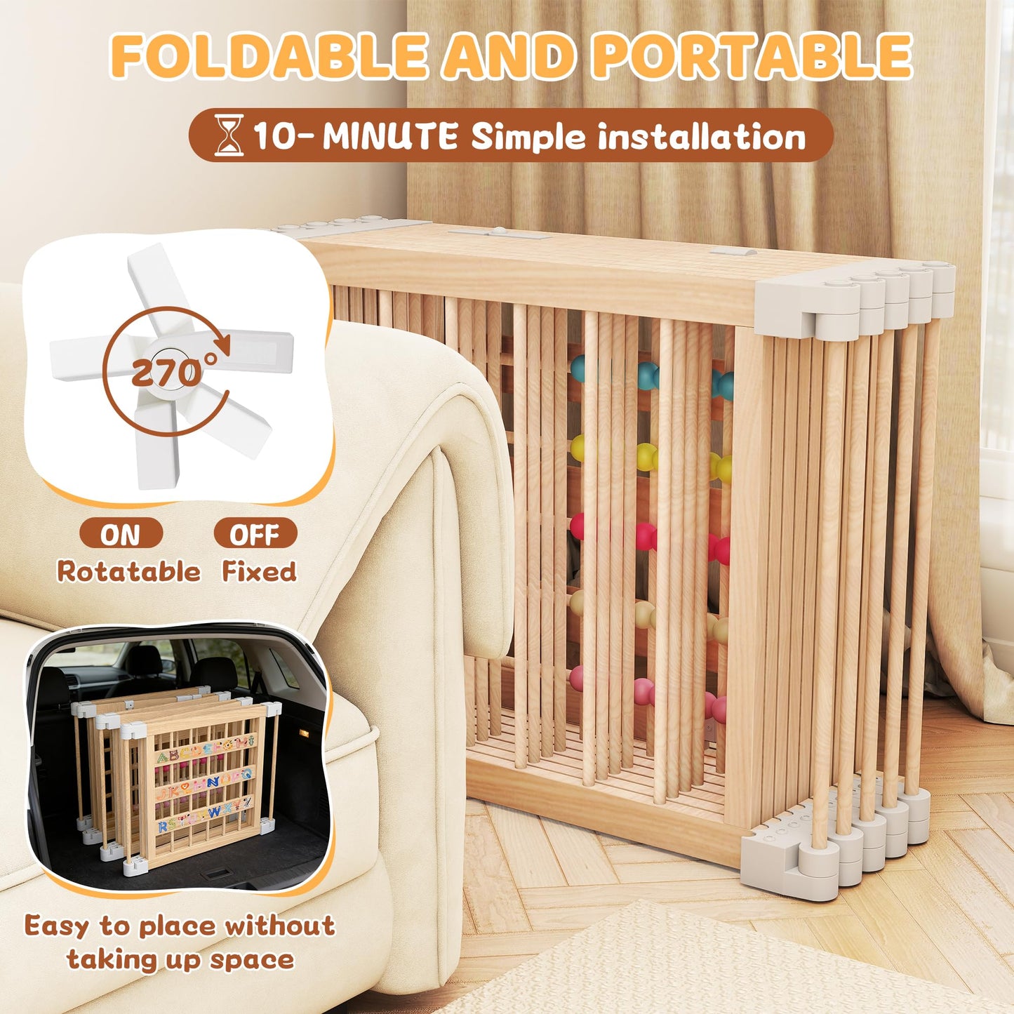 COCO DESIGN Baby Wooden Playpen, 10 Panel Foldable Play Yard with Door Panel and Built-in Toys, Adjustable Size & Shape Portable Play Yard for Babies and Toddlers (10 Panels)