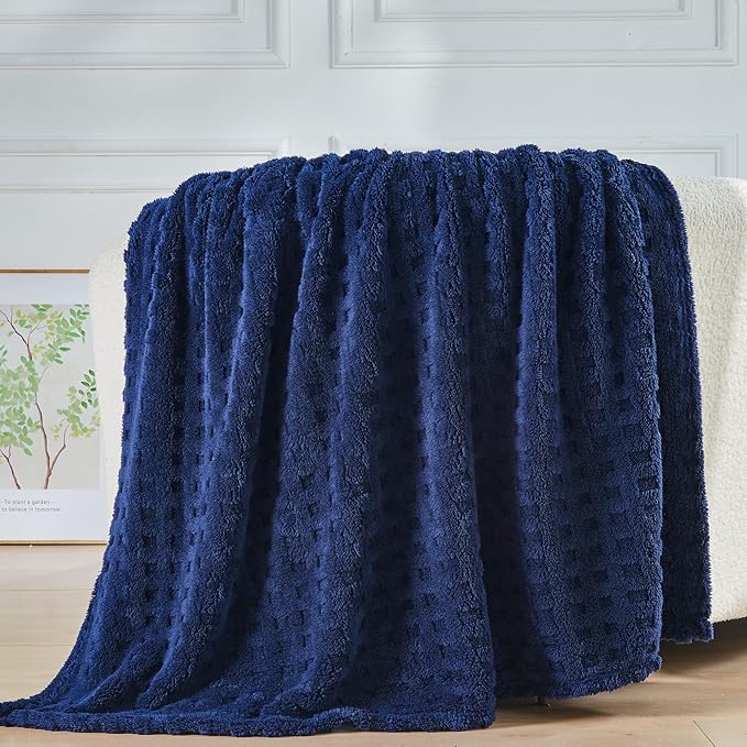 NEWCOSPLAY Super Soft King Blanket Navy Premium Silky Flannel Fleece 3D Waffle Checkered Lightweight Bed Blanket All Season Use (Dark Navy, King(90"x110"))
