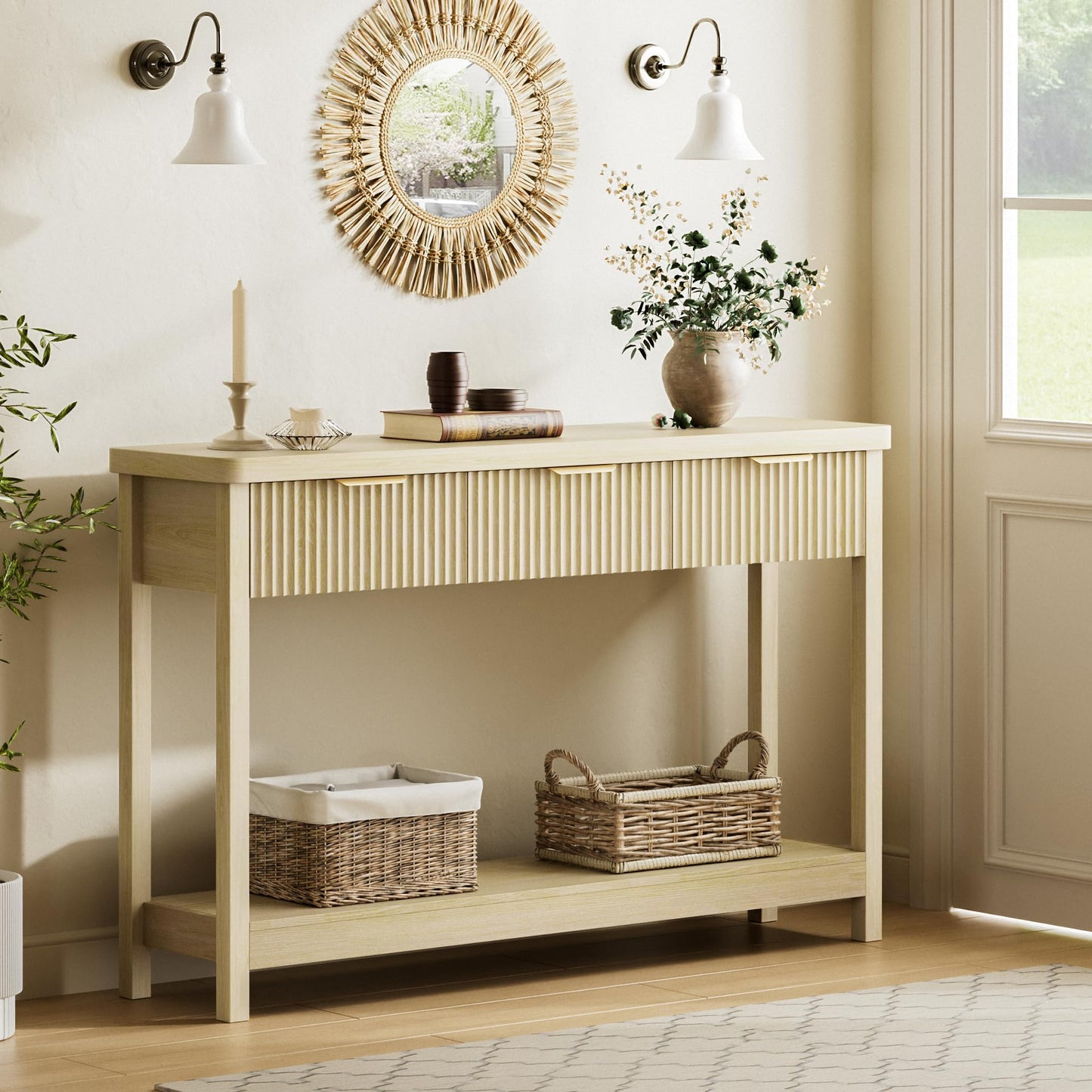 Lulive 51" Fluted Console Table for Entryway, Entryway Table with 3 Wooden Drawers, Farmhouse Behind Sofa Table for Living Room, Hallway, Couch, Foyer