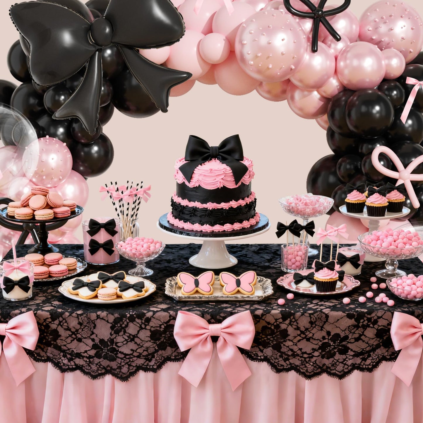 Pink and Black Balloons Arch Kit,189Pcs Pink and Black Birthday Party Decorations with Bow Foil Double Stuffed Pearl Pink Balloons Ribbon Pearl Stickers for Birthday Bachelor Bridal Baby Shower