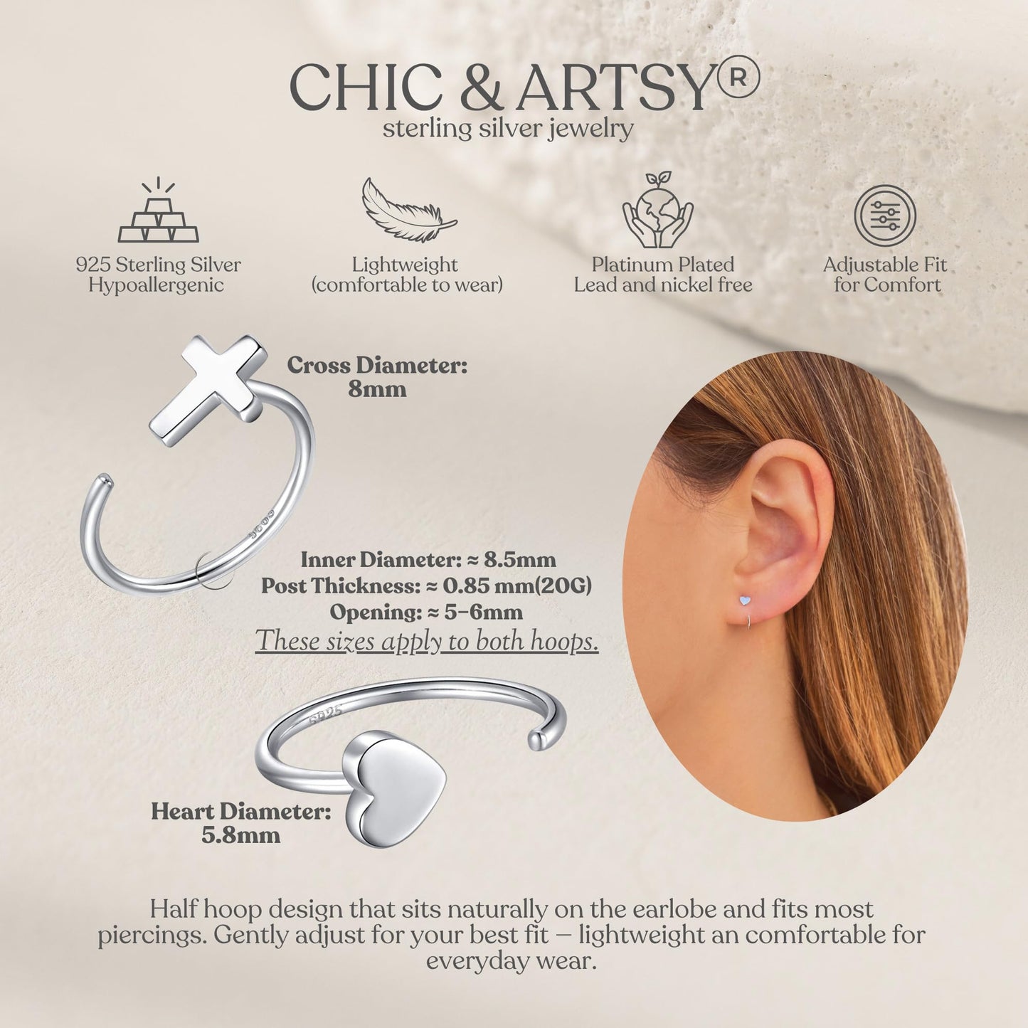 Huggie Silver Cross Half Hoop Earrings - Heart Hugger, OpenHoop Design