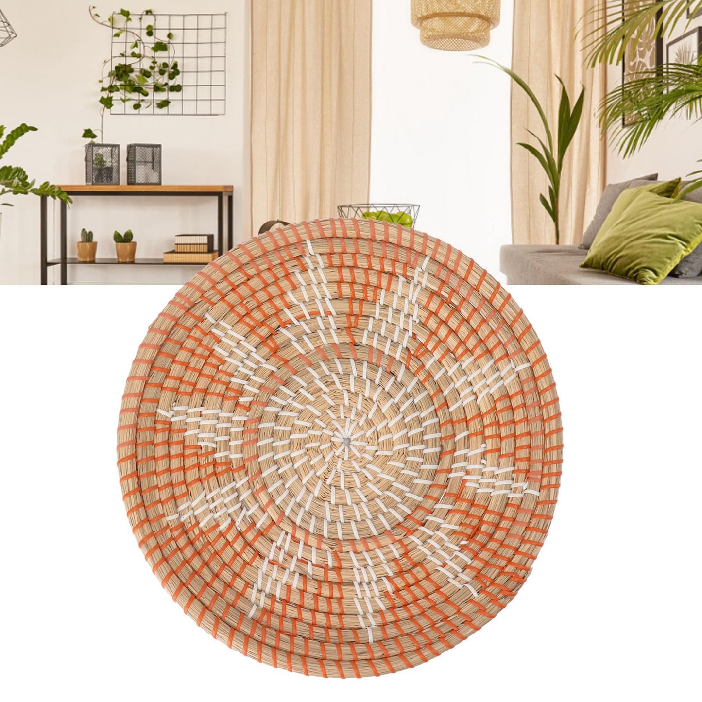 Lybunair Round Grass Wall Ornaments 35cm Diameter Handwoven Hanging Baskets for Living Room and Kitchen (Style One)