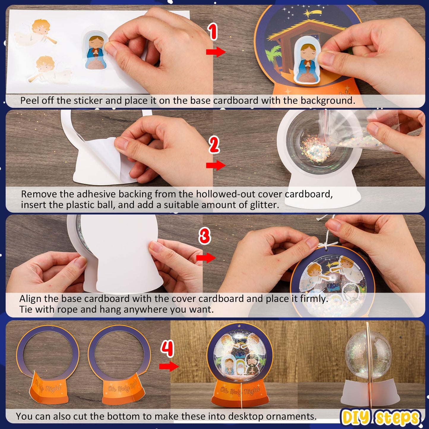 Threehoney 24 Pack Easter Nativity Craft Kit for Kids Toddler Jesus Birth Advent DIY Snow Globe Hanging Ornament with Glitter Sequin Paper Religious Holiday Classroom Decor(Holy Night,Gold)