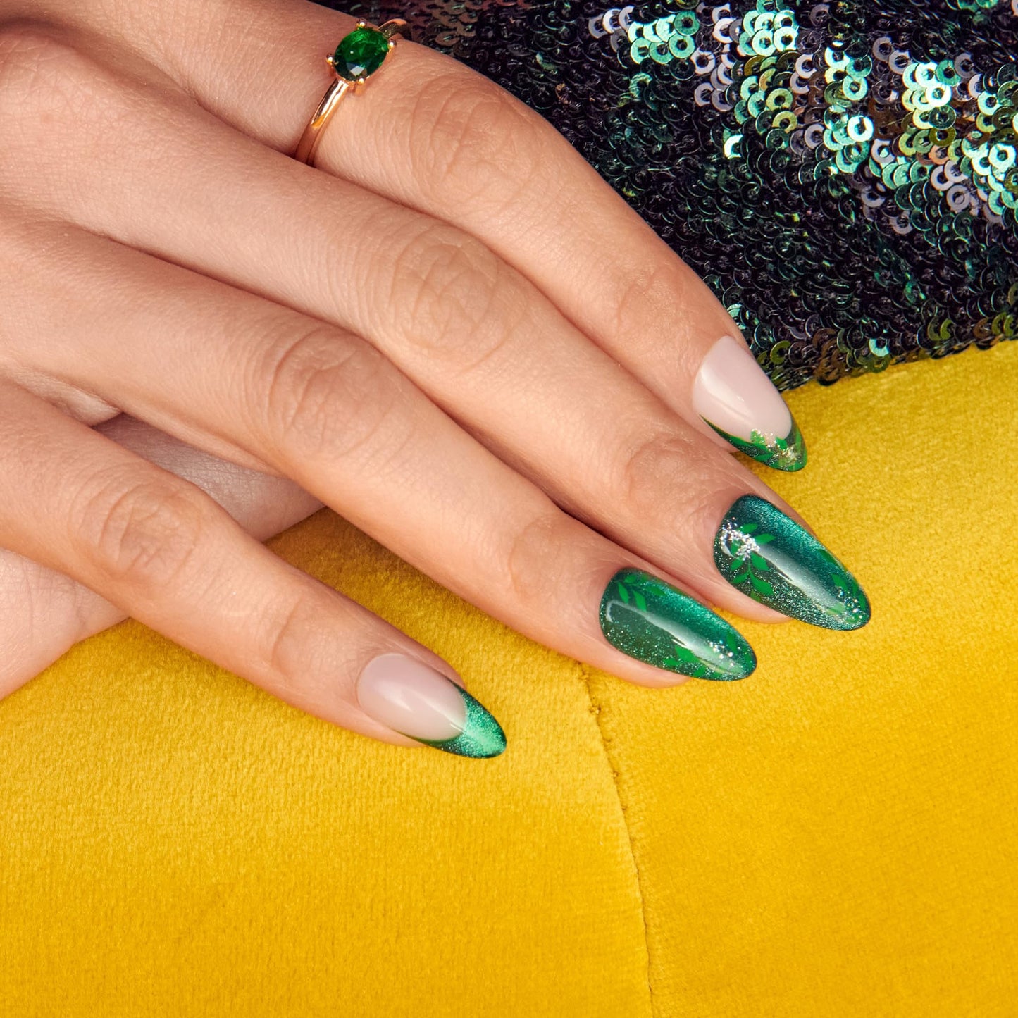 KISS X WICKED: FOR GOOD Press On Nails Almond, ‘Dreams Take Flight’, Green, Medium, Waterproof, Chip Proof, Smudge Proof, 28 Fake Nails, Pink Gel Nail Glue (2g), Mini Nail File, & Manicure Stick
