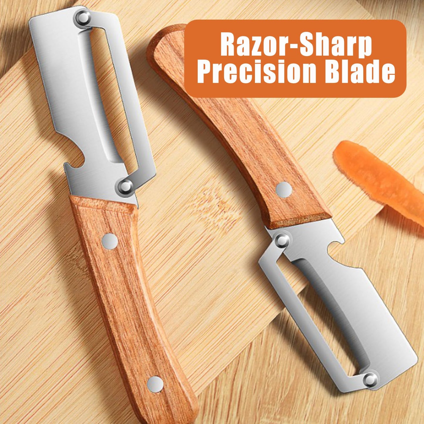2PCS Multifunctional Vegetable Peeler for Kitchen, Multi-Functional Stainless Steel Fruit Peelers with Wooden Handle and Bottle Opener, Effortless Peeling for Apple, Potato, Pumpkin, Papaya