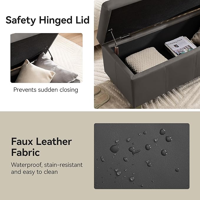 41" Faux Leather Storage Ottoman, Stitch Tufted Rectangle Upholstered End of Bed Storage Bench, Entryway Large Couch Ottoman with Wooden Legs,Dark Grey