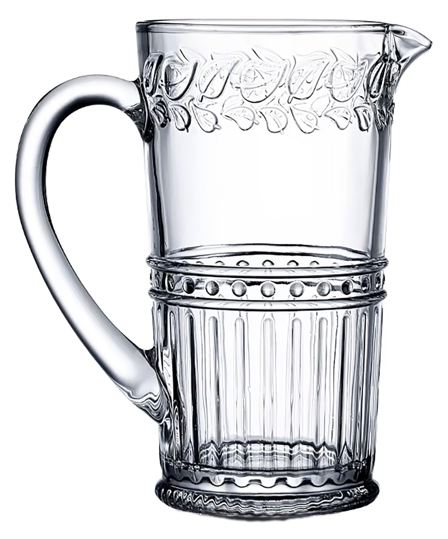Vintage Style Glass Pitcher, 34 oz, Embossed Deco Pattern, Clear