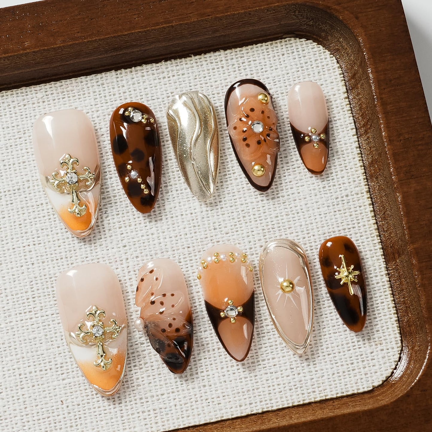 Tesytto Gothic 3D Floral Press on Nails Medium Almond - Gold Cross & Rhinestone Design, Handmade Pearl Luxury Dark Romantic Reusable Nails (Orange Diamond Sweet Luxury,L)