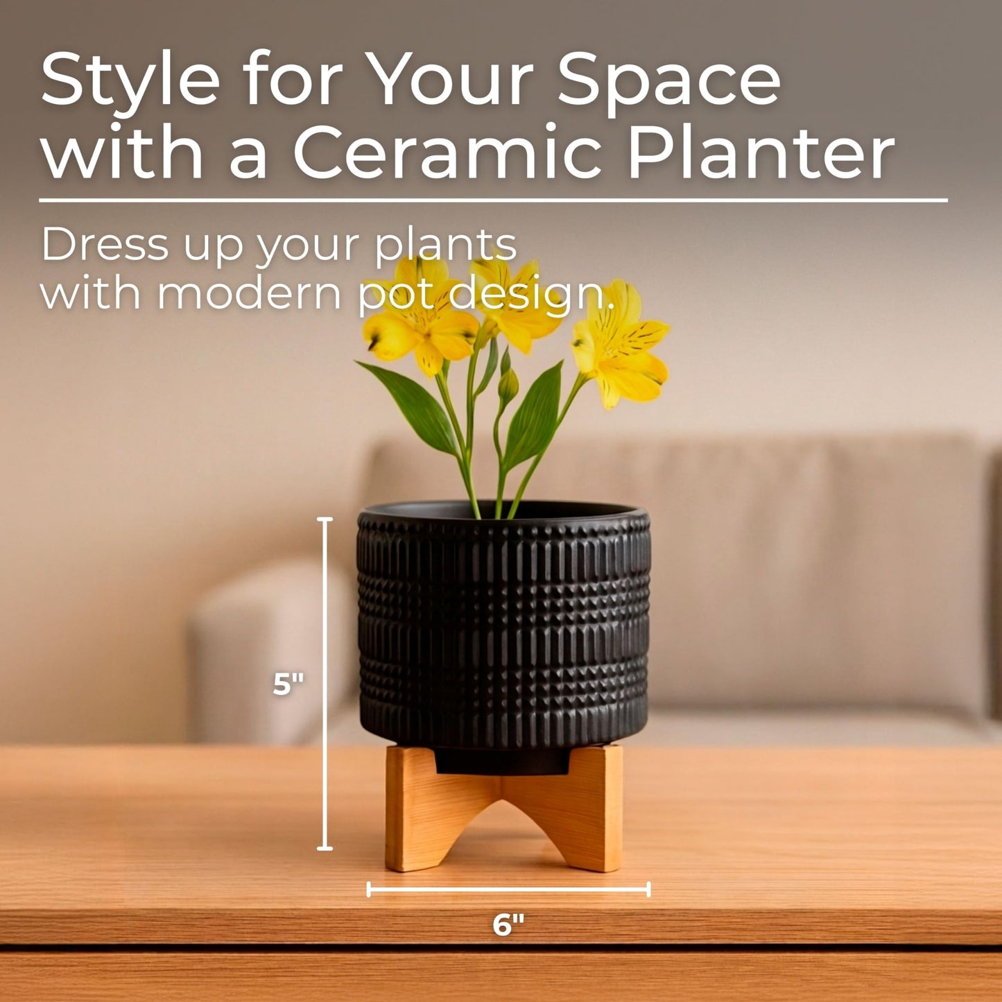 Ceramic Planter With Bamboo Stand – Plant Stand Indoor For Tabletop Display, Living Room, Bedroom, Or Office Shelf, Modern Black Planter Home Decor Accent – 5.5", Black