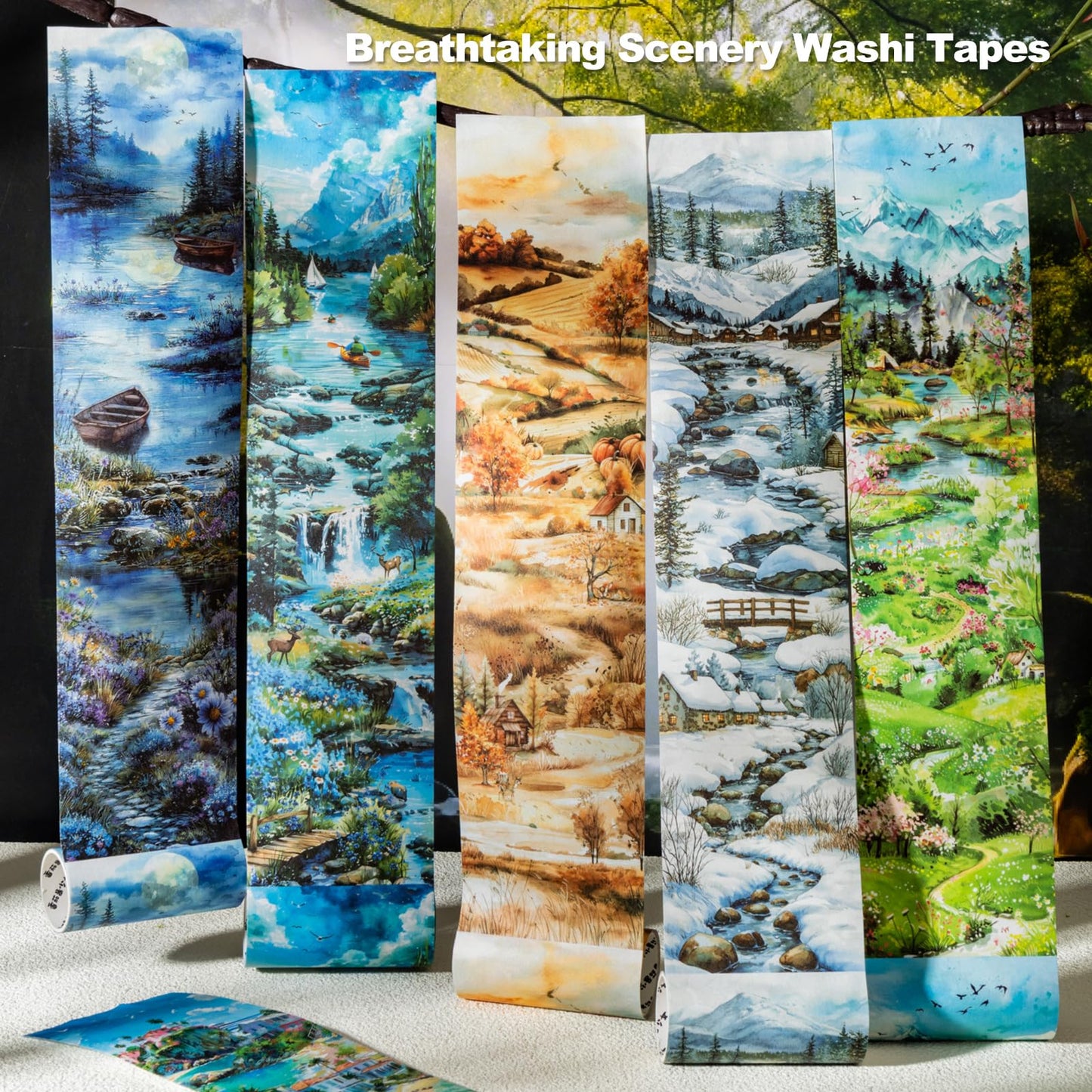 MiyouLuna 6 Rolls Seasons Landscape Washi Tape Set, 3.15in Large Nature Sticker Tape with Clip for Journaling, Scrapbooking, Planner Decoration, DIY Crafts and Art Projects