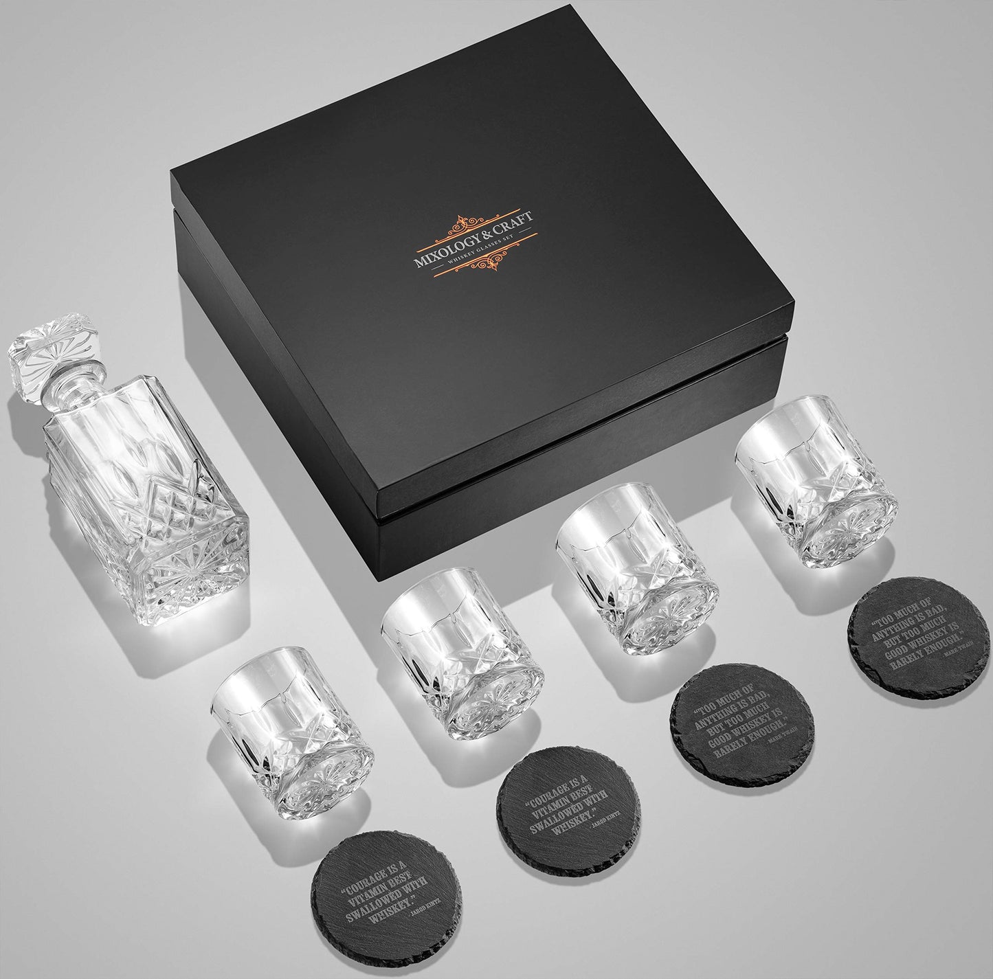 Mixology & Craft Luxury Whiskey Decanter Gift Set - 25oz Crystal Decanter, 4 Old-Fashioned Glasses, 4 Slate Coasters with Diamond Pattern Premium Black Gift Box
