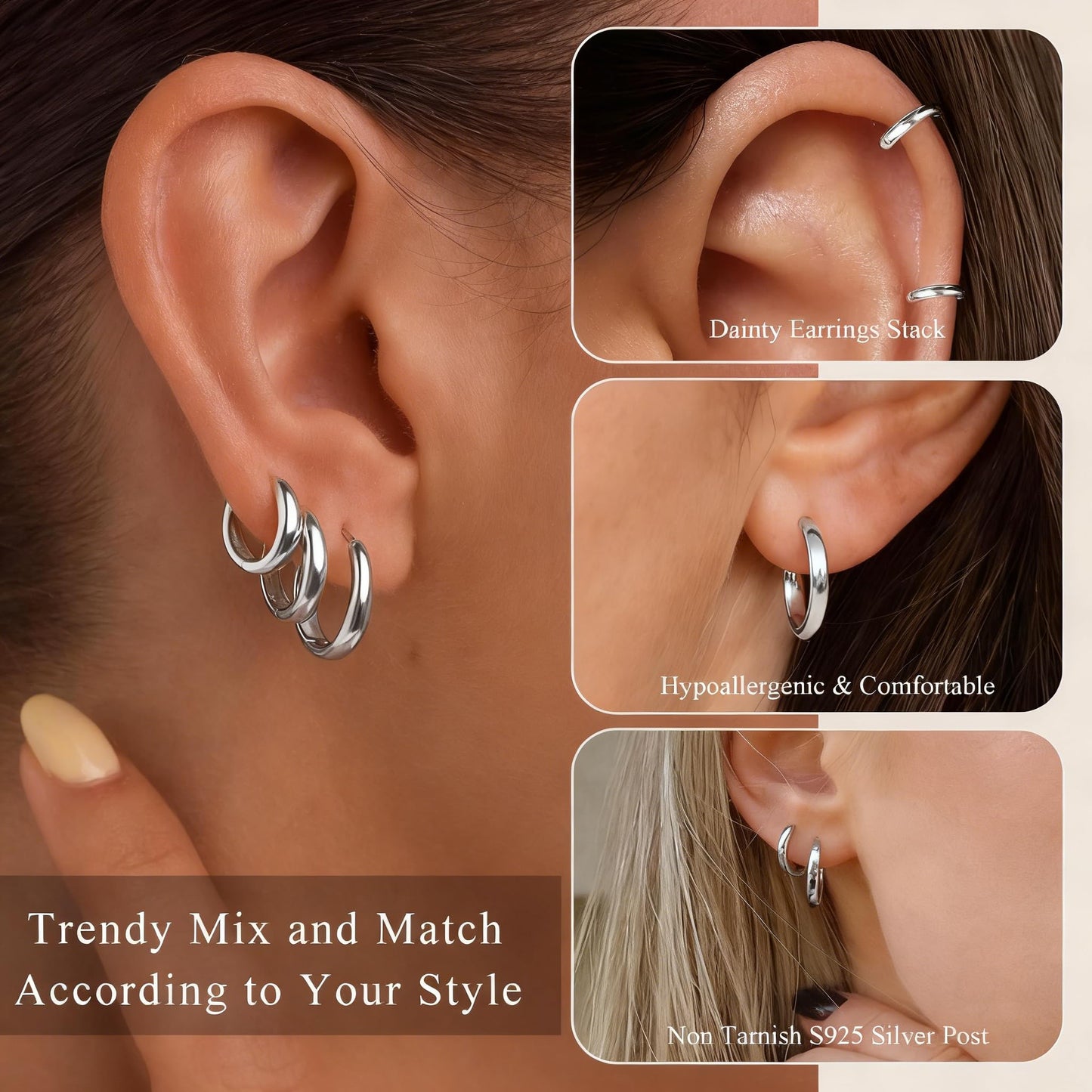DORANA 3 Pairs 925 Sterling Silver Earrings for Women Non Tarnish Small Huggie Hoop Earrings Hypoallergenic Cartilage Hoops Stackable Earring Silver Stacks Sets for Multiple Piercing