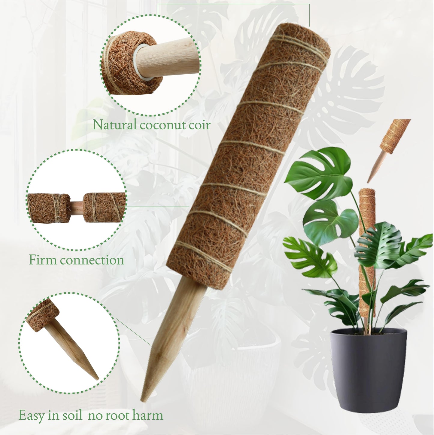 Moss Pole for Plants 4 Pack Natural Coco Coir Climbing Support Stakes with Plant Ties Indoor Monstera Plant Training Extension Poles 14.8inch Each Total 59.2inch