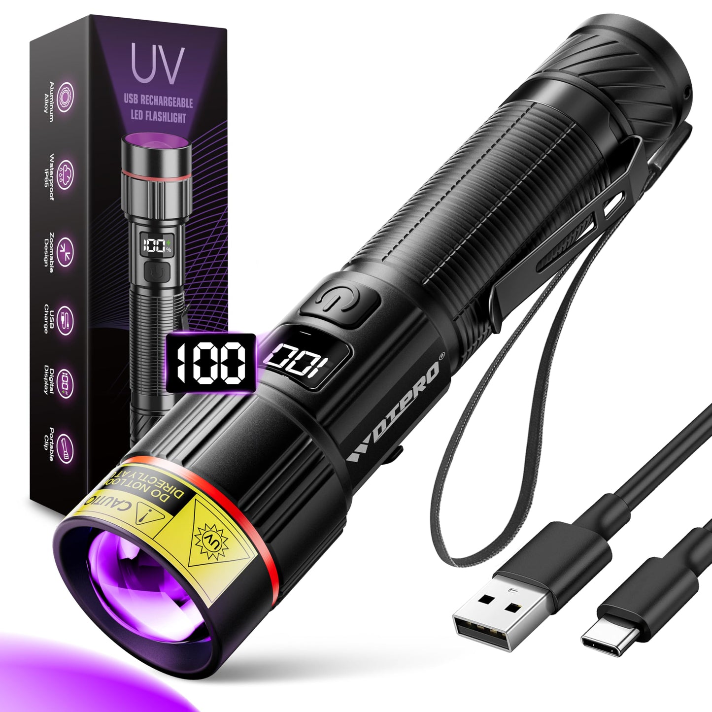 WdtPro UV Flashlight 395nm Super Bright, Rechargeable Black Light with LCD Display, IP65 Zoomable UV Light with Clip, Powerful Portable Blacklight for Pet Urine Stains, Scorpions, Resin Curing