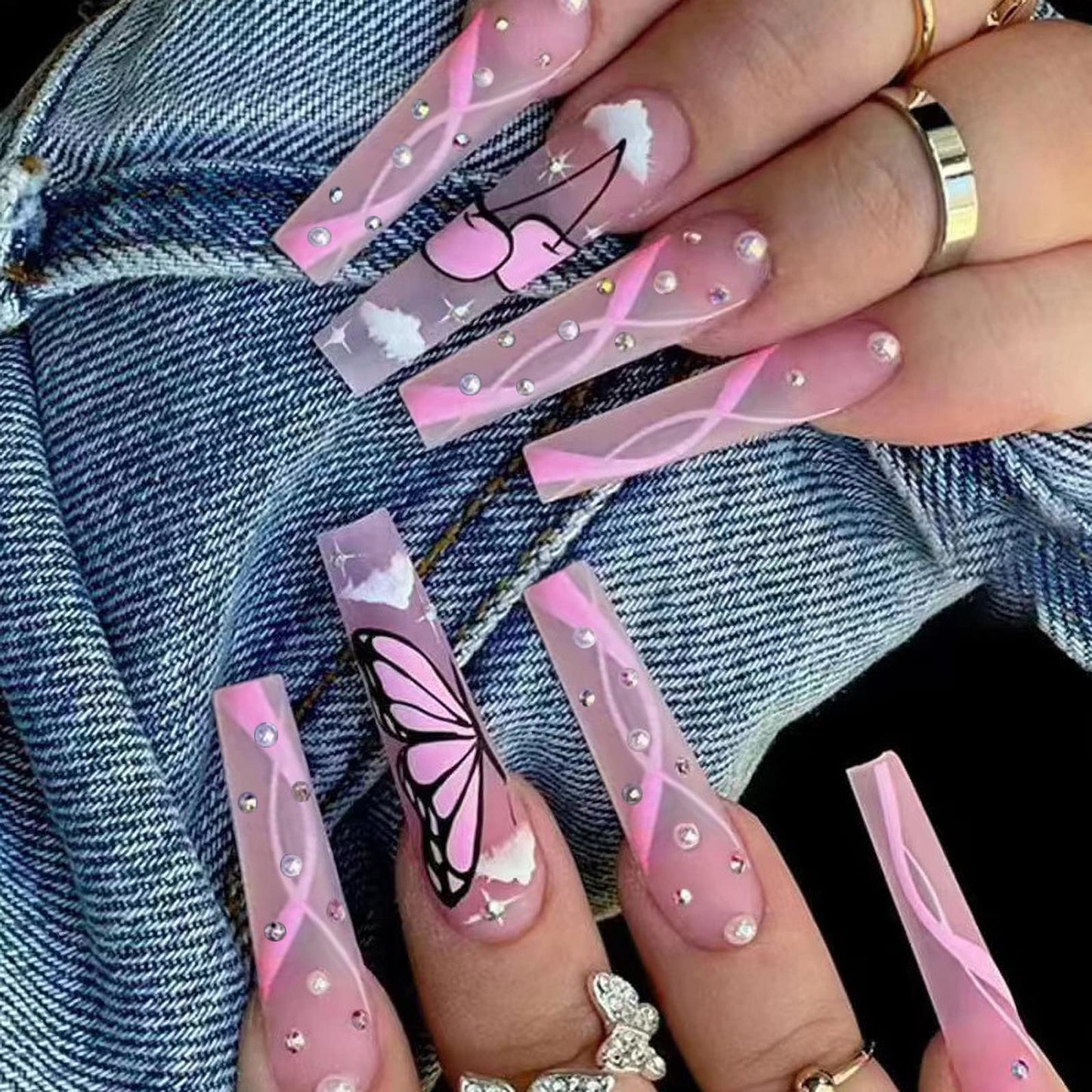 MISUD Press on Nails - Long Coffin Glue on Nails with Butterfly Rhinestone, Acrylic Pink Design 24 pcs