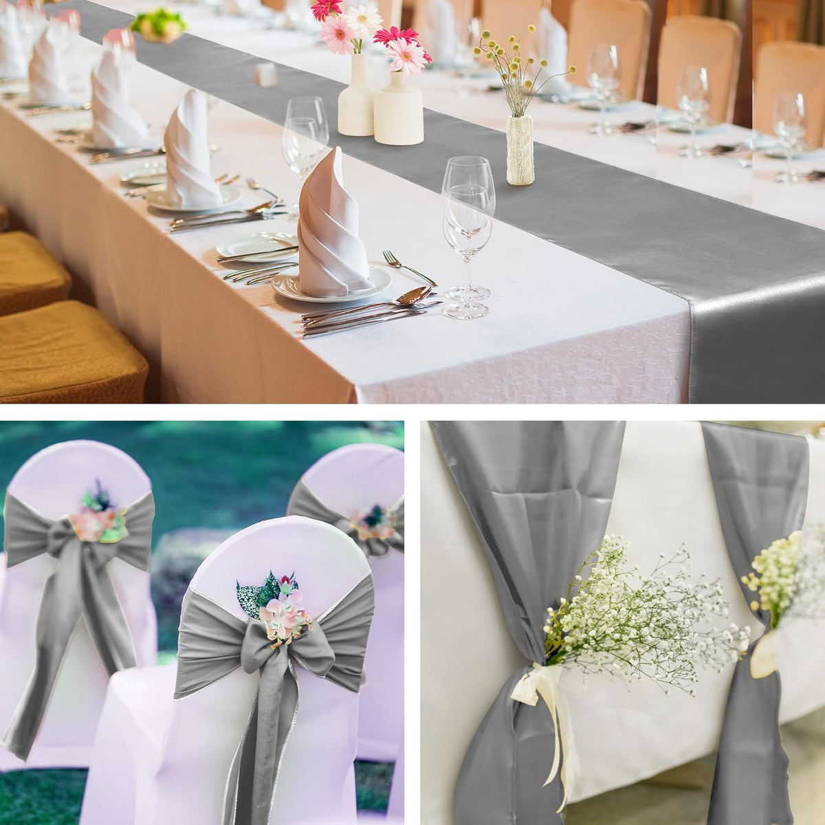 Aneco 16 Pack Satin Table Runner 12 x 108 Inch Silver Long Wedding Satin Silk Table Runner for Wedding Banquet Graduations Birthday Party Decoration
