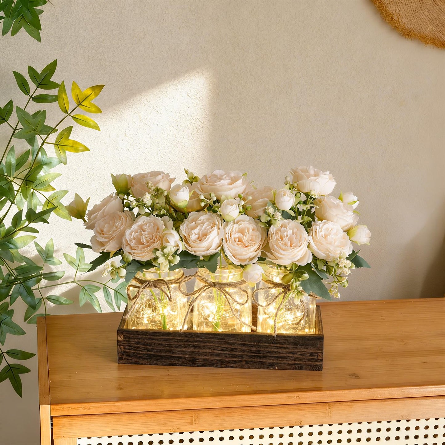 LUEUR Mason Jar Lights Centerpiece with Farmhouse Wood Tray – 3 Jars with Champagne Peony Spring Flowers, Spring & Summer Wedding Decoration for Dining Table, Coffee Table, Kitchen & Living Room