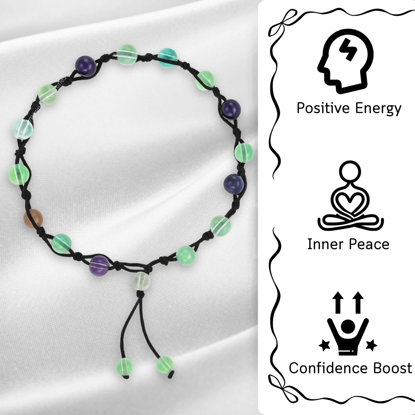 Amazing Gemstone Multi Fluorite Anklet Ankle Bracelets for Women - Waterproof Beaded Healing Crystal Anklets, Plus Size Chakra Gemstone Bead Anklet (Stretchy Adjustable - Hand Knotted)
