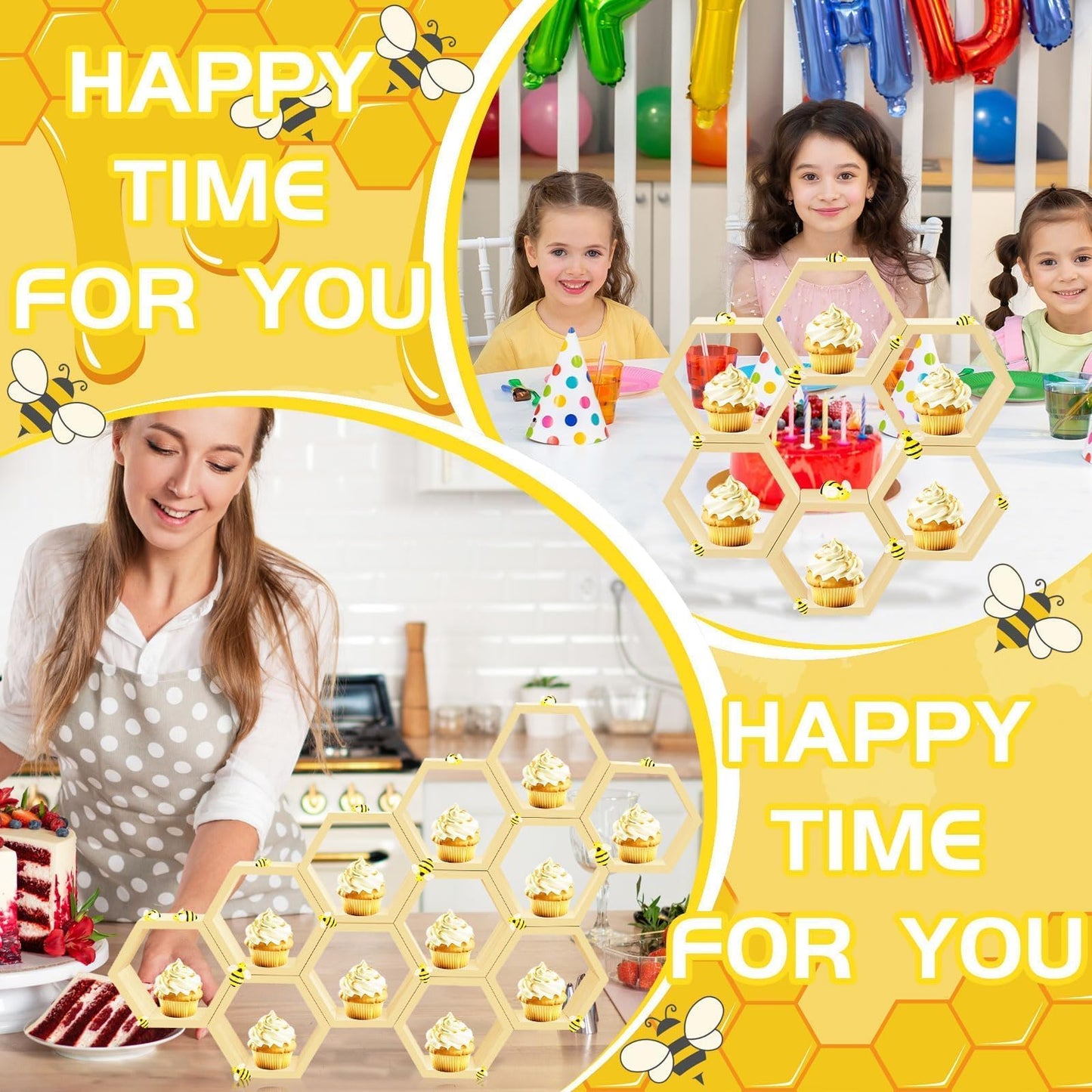 8 Pcs 4.13 Inch Honeycomb Cupcake Stand Cake Farmhouse Hexagon Display Holder Hexagonal Wood Cupcake Stand Floating Table Sign with Wooden Bee for Wedding Baby Shower Birthday Party Table Decorations