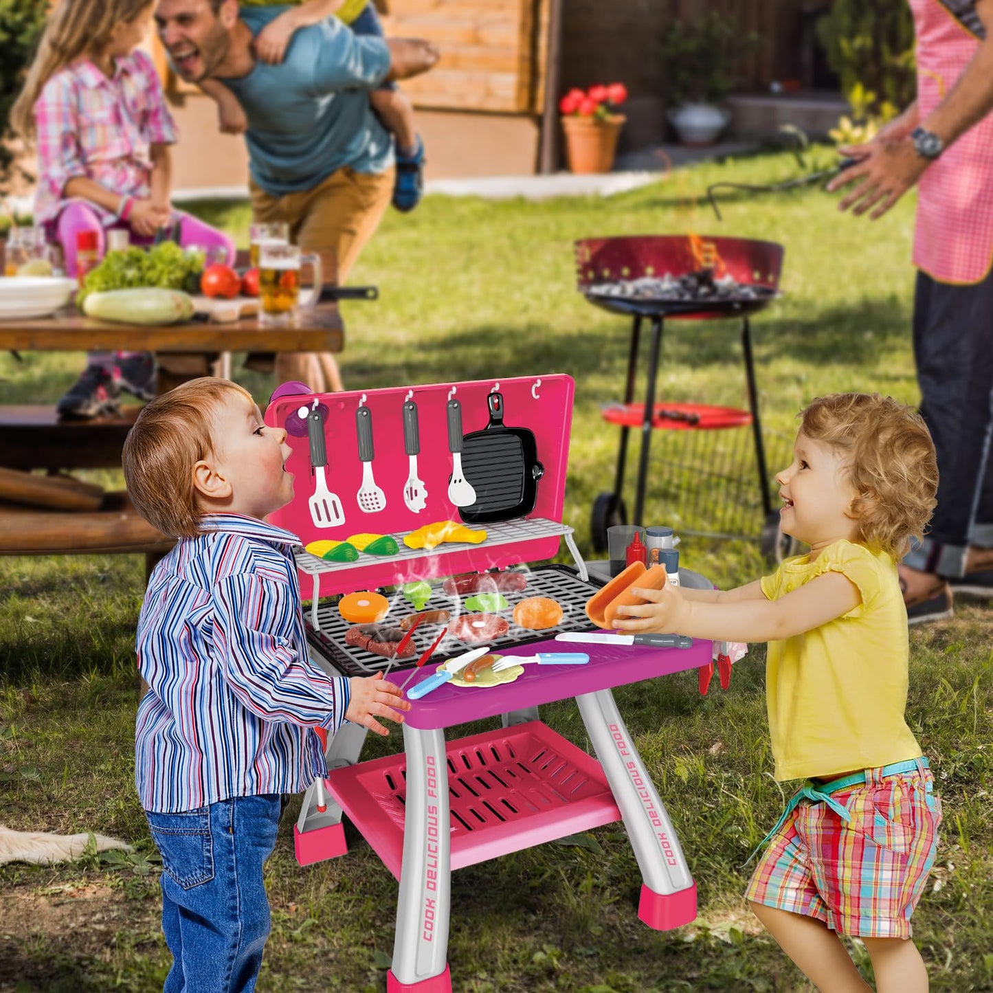 AuroTops Pink Kitchen Toy Set, Kids Grill Playset with Smoke, Sound & Light, Little Chef Play,Cooking Interactive Toys Christmas Birthday Gift