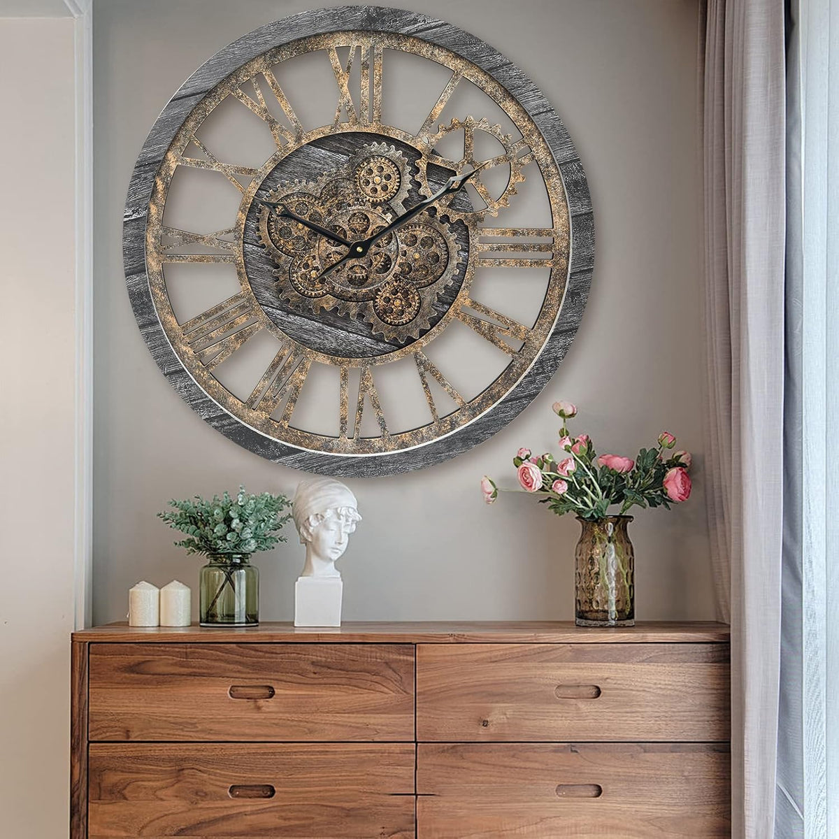 HOIBAI Large Wall Clock, Wall Clocks for Living Room Decor 20 Inch Farmhouse Vintage Rustic Kitchen Wall Decor Vintage Roman Oversized Wall Clock for Home Bedroom House Office, Moving Gears Clock