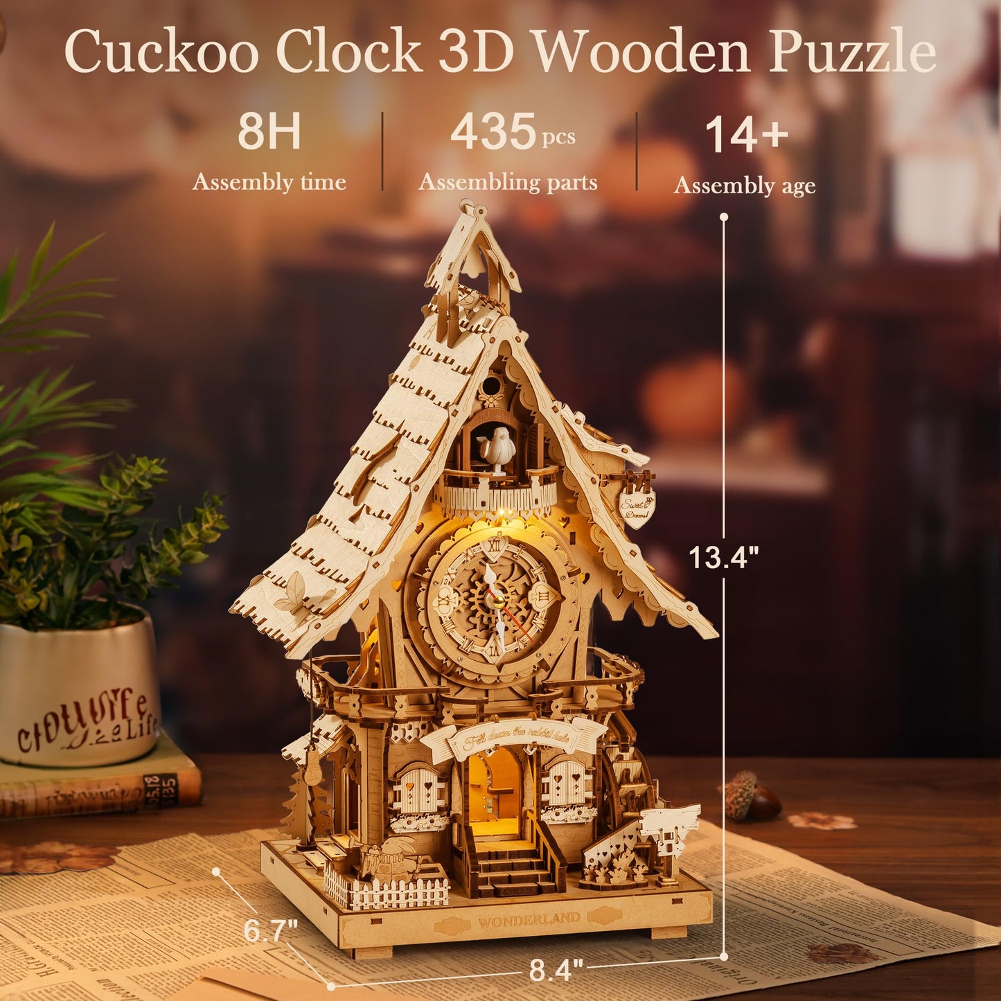 ROBOTIME 3D Wooden Puzzles for Adults-Cuckoo Clock Wooden Models for Adults to Build-435 Piece Model Kit with 2 Lights-Gift for Craft Enthusiast Model Building Set (Natural)