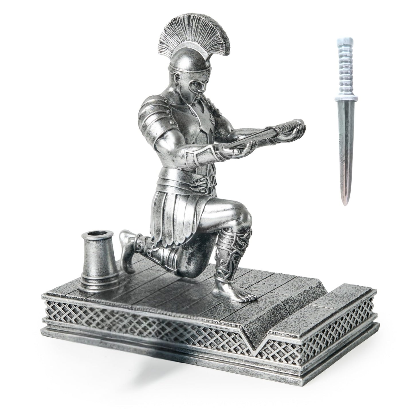 FUNIS Knight Pen Holder for Desk - Medieval Roman Knight Statue with 2 Pen Slots and Phone Stand - Cool Desk Decor for Men - Unique Executive Gift for Him