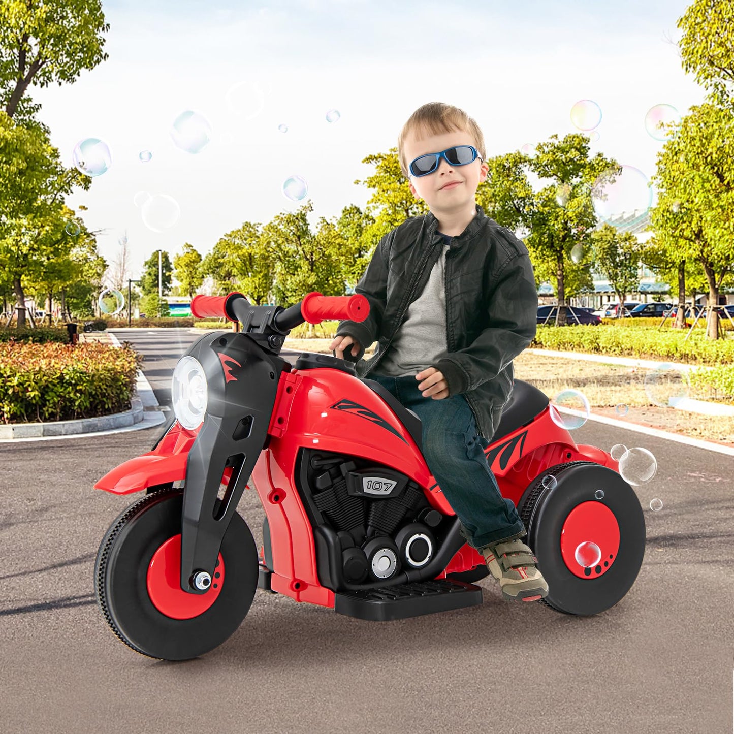 OLAKIDS Kids Motorcycle, 6V Electric Ride On Car with Automatic Bubble Function, Foot Pedal, Headlight, Music, 3 Anti-Skip Wheels Vehicle for Children, Toddler Ages 3+