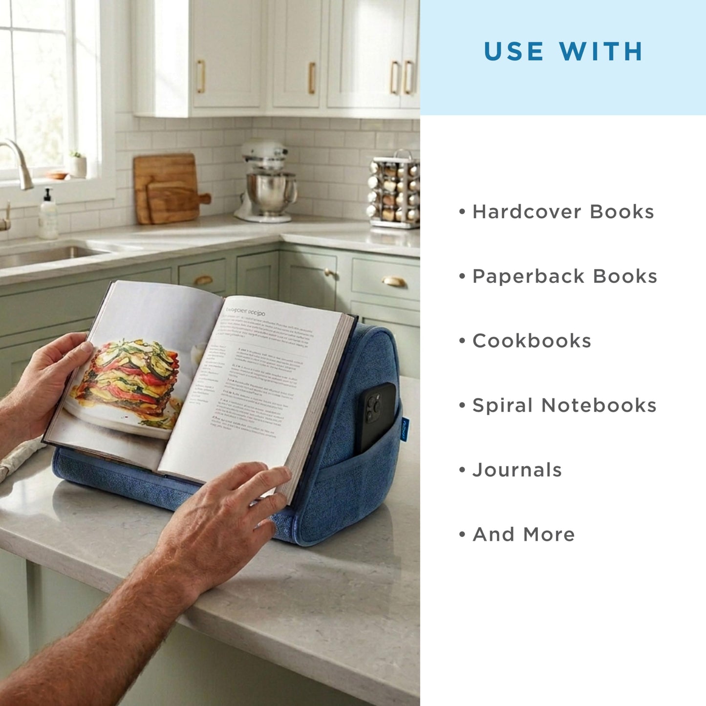 LAPGEAR Book Pillow – Lap Reading Cushion with Built-in Book Stand – Fits 6x9 Books & Similar Sizes – Denim Blue – Style No. 33203