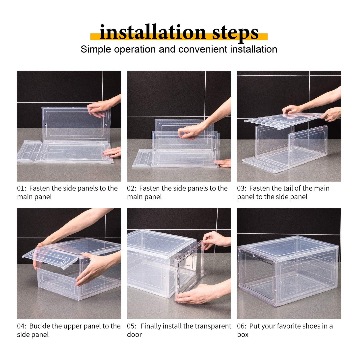 Attelite Shoe Box,Set of 6,Stackable Plastic Clear Shoe Box Organizer with Magnetic Door,Shoe Storage Box Thicken Sturdy,Easy Assembly,Fit up to US Size 12,Black