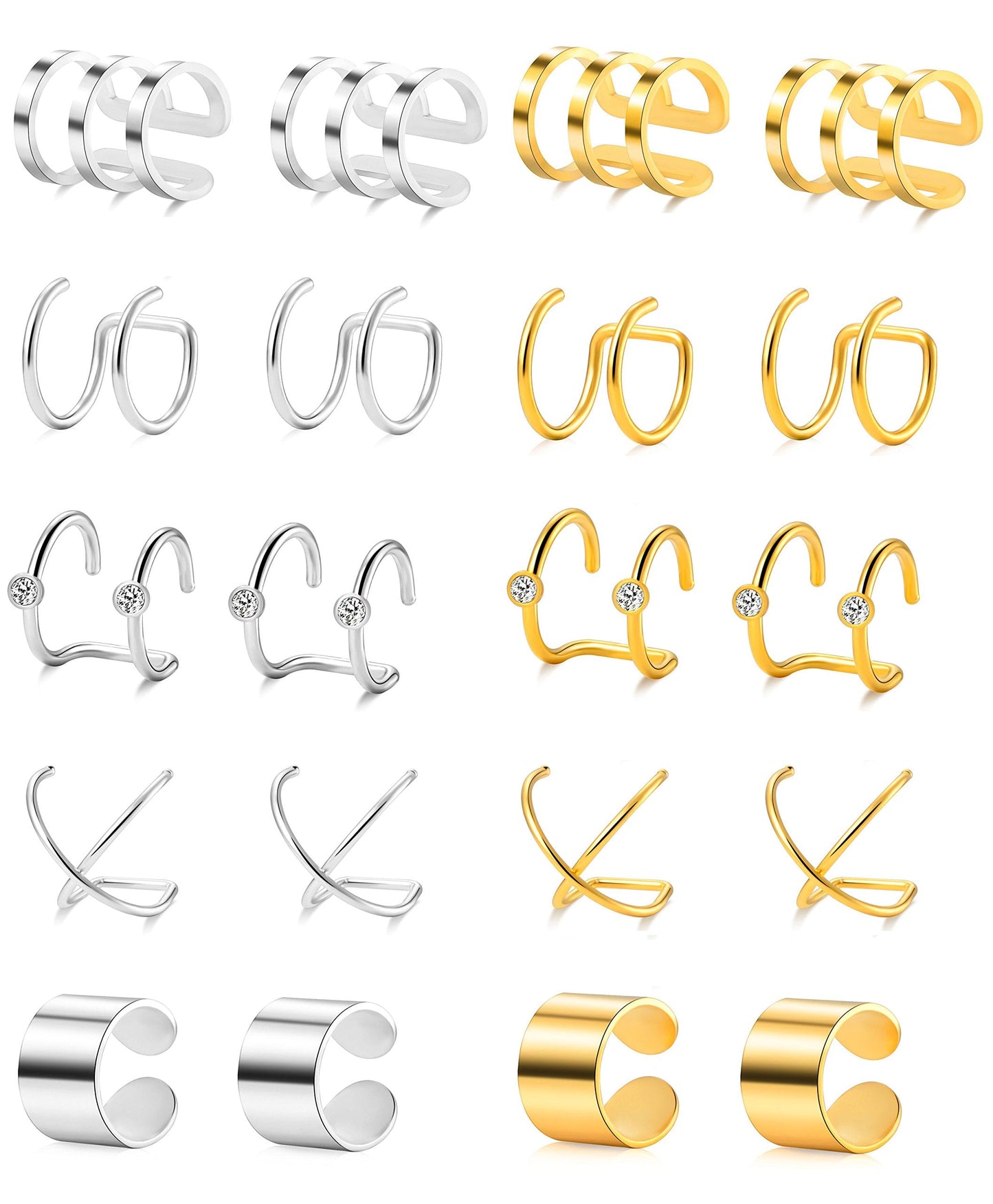 Tornito 4-10 Pairs Stainless Steel Ear Cuff Helix Cartilage Clip On Wrap Earrings Fake Nose Ring Non-Piercing Adjustable (A3: 10 Pairs)