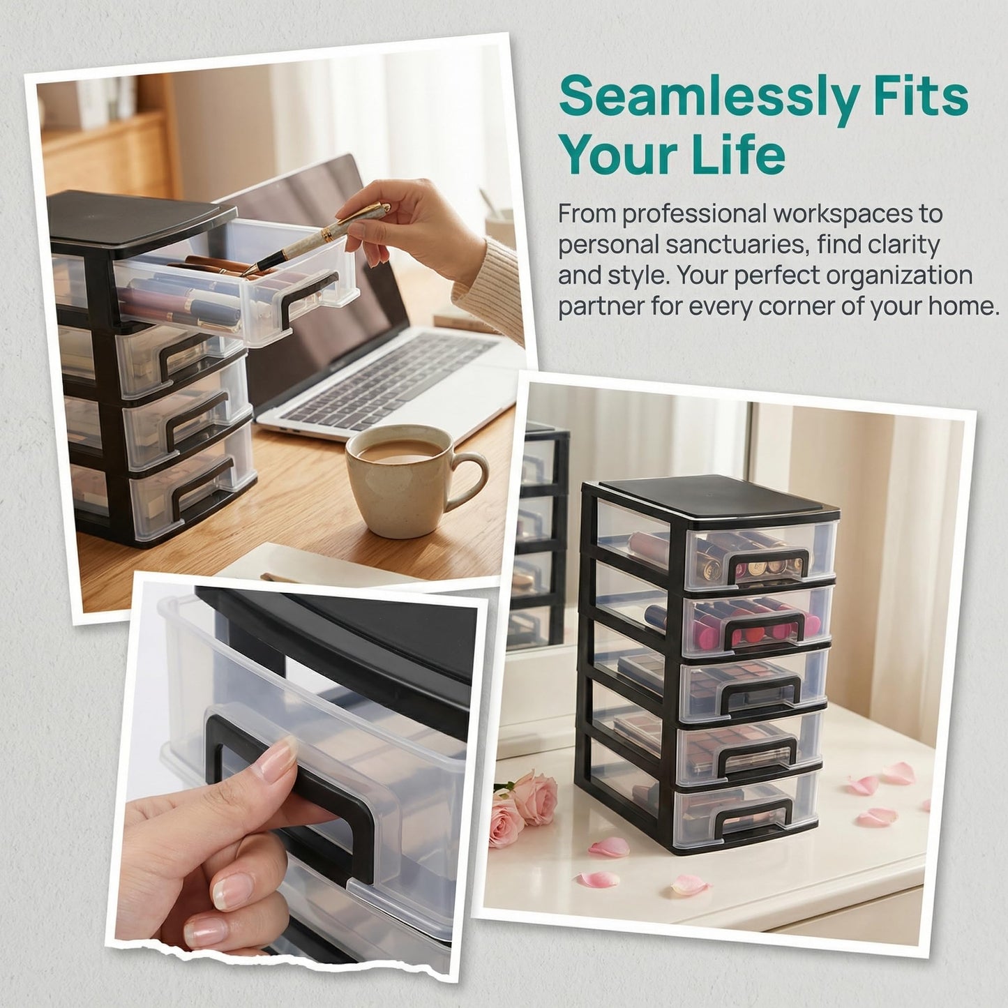Cabilock 5 Drawer Plastic Storage Organizer Clear Desktop Drawer Storage Cabinet for Office Study Bathroom Craft Supplies