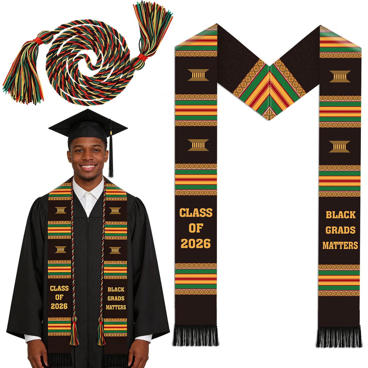 Silkovahamd Black Kente Graduation Stole - Black Grad Matters Class of 2026 Honor Cord Sash for College High School Graduates Academic Ceremony Accessory Gifts