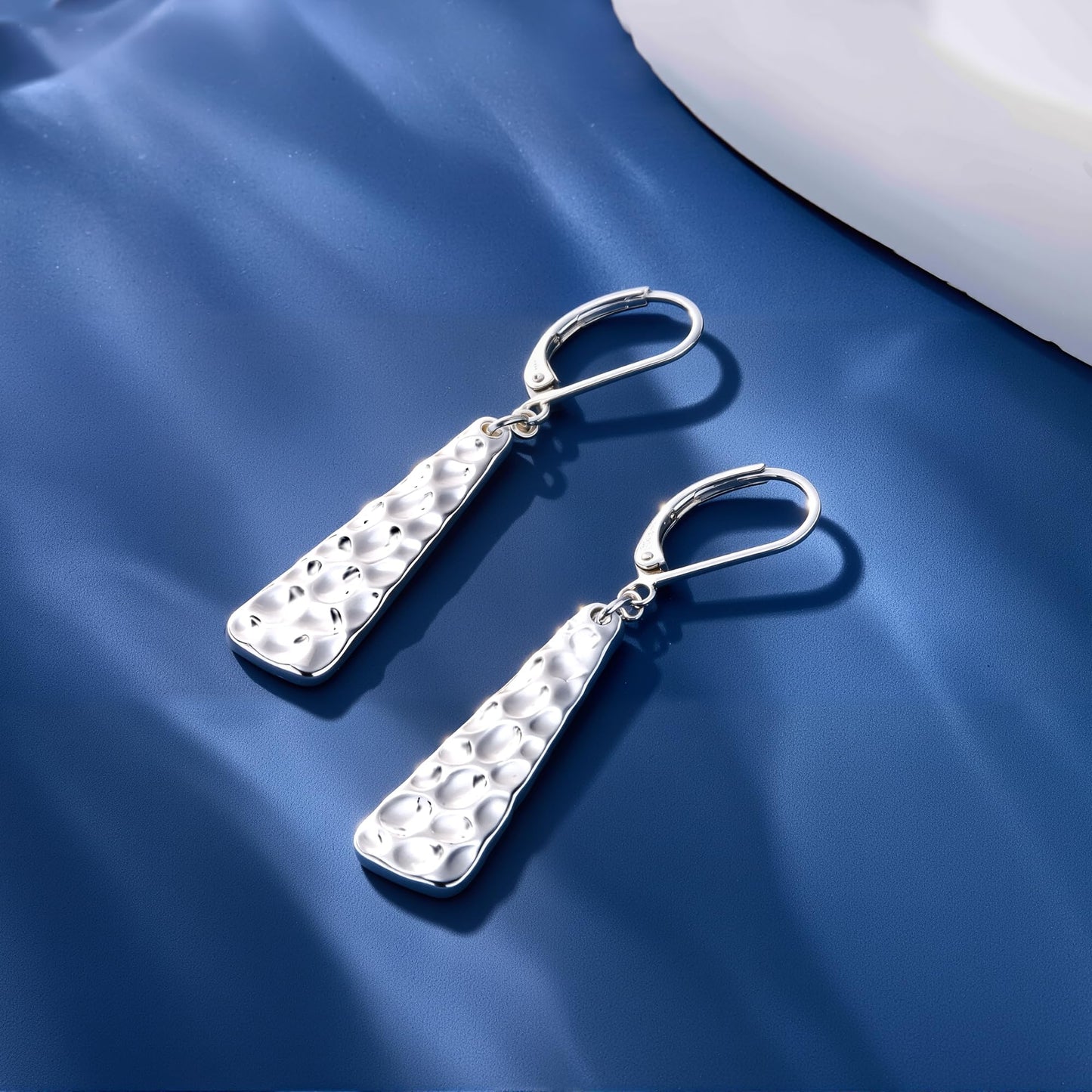 Sterling Silver Leverback Earrings, ALEXCRAFT Long Bar Hammered Dangle Earrings for Women Trendy Hypoallergenic 925 Sterling Silver Lightweight Statement Boho Dangling Drop Leverback Teardrop Earring