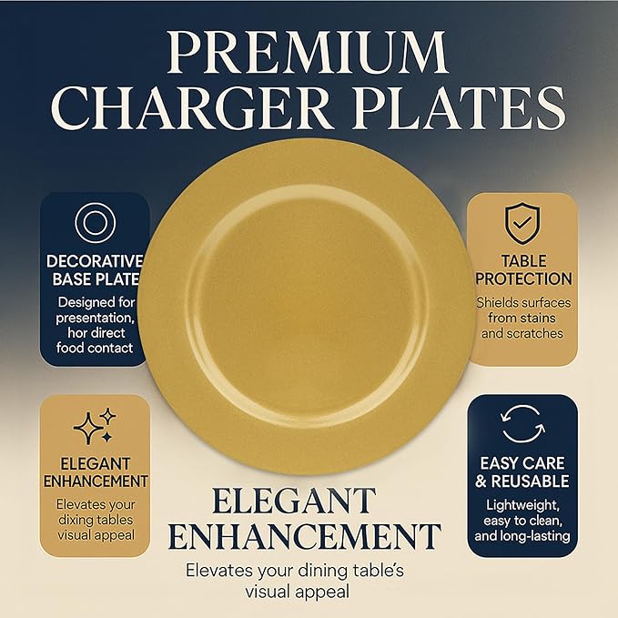 JEVERGN 10 Pack Gold Charger Plates, 13" Chargers for Dinner Plates, Gold Plate Chargers Set of 10, Round Plastic Charger for Wedding, Party Event, Dinner, Table Setting