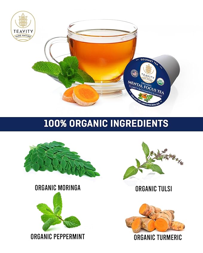 Organic Tea Pods with Moringa, Pepeppermint, Holy Basil & Turmeric - Naturally Decaf Tea - Mental Focus by Teavity (12 Tea Pods)