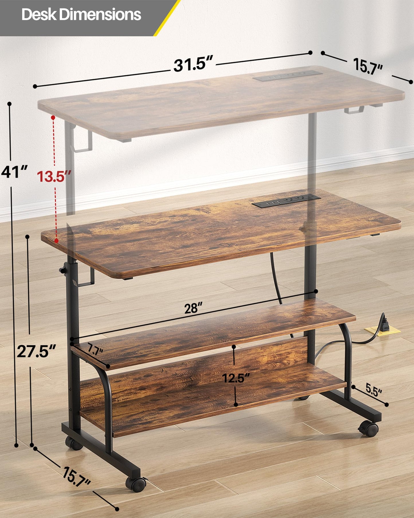 Armocity Rolling Standing Desk with Power Outlets, 32" Manual Height Adjustable Mobile Computer Desk with Wheels, Small Portable Sit Stand Laptop Couch Table for Bed & Sofa Home Office, Rustic Brown